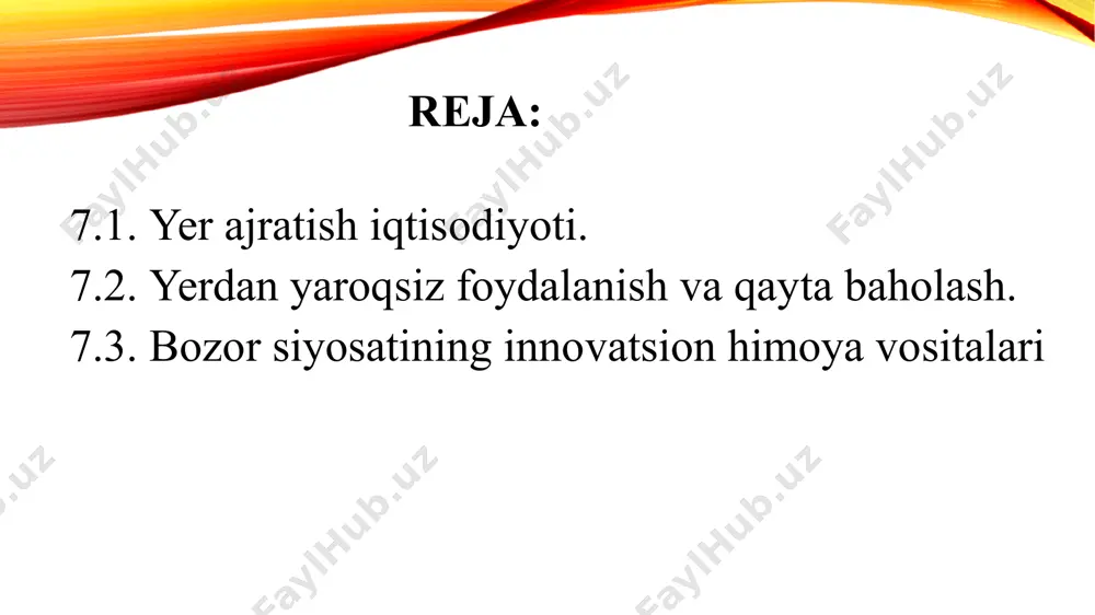 adi. o‘zbekiston respublikasida agrosanoat kompleksini barqaror rivojlantirishni ta’minlashning asosiy shartlari qishloq xo‘jaligi ishlab chiqarish manbalarini kengaytirish, takror ishlab chiqarish va unumdor yerlardan qishloq xo‘jaligi maqsadlarida to‘g‘ri foydalanishdan iborat. unumdor yerlarning boshqa tabiiy omillar bilan qo‘shib ishlatilishi, yerni ishlab chiqarish quvvatini oshirib, qishloq xo‘jaligi mahsuloti va tannarxiga sezilarli ta’sir etadi hosildor yerlarning kamayishi, ularning qishloq xo‘jaligiga yaroqligi holati yomonligi va xo‘jalikdan yana foydalanish; sho‘r va inqirozga uchragan yerlarning ko‘payishi; haydalgan va haydaladigan yer qatlamlarining zichlanishi va qotib qolishi; haydalgan yerlarda chirindi va oziqlanish elementlarining muvozanati va salbiy holati oshib borishidir. respublikada an’anaviy yerning hosildorligi kamayishi va umumiy ekologik holatining yomonlashuvi saqlanmoqda, ba’zi hududlarda quyidagi salbiy jarayonlar kuzatilmoqda: yerning tanazzuliga asosiy sabablar o’rmonzor dov-daraxtlari yo’q qilinishi, xarobazorga aylanishi va boshqa voqealar; yerning sug’oriladigan sharoitida, keragidan ortiq namlik va suv toshqini, qayta sho’rlanish holatlari; chorva mollari boqiladigan yaylovlarning digressiya va deflyatsiyaga uchrashi; qishloq xo’jaligi va sanoatda yerni o’zlashtirish jarayonida texnogen xarobazorlarga aylanishi; agroximikatlar, …