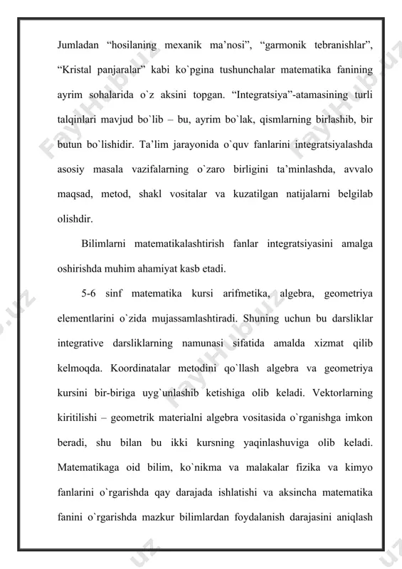 – t2 + t + 1 qonun bo`yicha to`g`ri chiziqli harakat qiladi. 1) ta’sir qiluvchi kuchni toping. 2) jism harakat boshlagandan 2 sekund keyingi kinetic energiyasi e ni toping. matematika fanining kimyo faniga bog`liqligiga doir masala. 1. ikki bo`lak jezning massasi 30 kg. birinchi bo`lakda 5 kg, ikkinchi bo`lakda 4 kg sof mis bor. agar ikkinchi bo`lak jezda misning miqdori birinchi bo`lakdagidan 15% ortiq bo`lsa, birinchi bo`lakda necha foiz mis bor? 2. ichida 40 gramm tuz bo`lgan eritmaga 200 gramm suv qo`shildi, shundan keyin uning konsentratsiyasi 10% kamaydi. eritmada qancha suv bo`lgan va uning konsentratsiyasi qanday bo`lgan? 3. shunga o`xshagan hayotda, amalda ishlatiladigan masalalarni yechishga o`rganish o`quvchilarni matematika faniga bo`lgan qiziqishlarini yanada oshiradi. 1. tomorqa uchun ajratilgan to`g`ri to`rtburchak shaklidagi uchastkaning bir tomoni ikkinchisidan 10m ortiq bo`lib, uni ihota devor bilan o`rash kerak. uchastkaning yuzi 1200m2 bo`lsa, ihota devorining uzunligini toping. 2. koordinata tekisligining nuqtalari orasidagi masofani toping: a) a(2; …