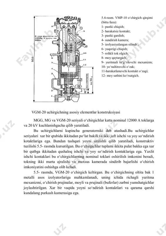 ish; 4- sundirish kamera; 5- izolyasiyalangan silindr ; 6- yuqorigi chiqish; 7- rolikli tok olgich; 8- moy qaytargich; 9- yuritmali to‘g‘rilovchi mexanizm; 10- yo‘naltiruvchi o‘zak; 11-harakatlanuvchi kontakt o‘zagi; 12- moy sathini ko‘rsatgich. vgm-20 uchirgichning asosiy elementlar konstruksiyasi mgg, mg va vgm-20 seriyali o‘chirgichlar katta nominal 12000 a toklarga va 20 kv kuchlanishgacha qilib yaratiladi. bu uchirgichlarni kupincha generatorniki deb atashadi.bu uchirgichlar seriyalari xar bir qtubida ikkitadan po‘lat bakili va ikki juft ishchi va yoy so‘ndirish kotaktlariga ega. bundan tashqari yoyni uzilishli qilib yaratiladi, konstruktiv tuzilishi 5.5- rasmda kursatilgan. bu o‘chirgichlar tuplami ikkita pulat bakka ega xar bir qutbga ikkitadan qushaloq ishchi va yoy so‘ndirish kontaklariga ega. yaxlit ishchi kontaklari bu o‘chirgichlarning nominal toklari oshirilish imkonini beradi, tokning ikki marta ajralishi va maxsus kamerada sindirib bajarlishi o‘chirish imkoniyatini oshishga olib keladi. 5.5- rasmda, vgm-20 o‘chirgich keltirgan. bu o‘chirgichning oltita bak 1 metalli asos izolyatorlariga mahkamlanadi, uning ichida richagli yuritma mexanizmi, o‘chirish …