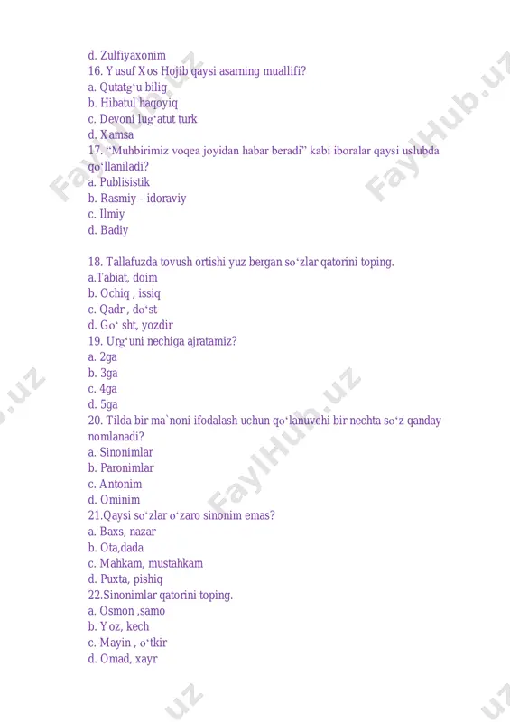 ‘ri ko‘rsatilgan? a. xursand bo‘lmoq b. rad etmoq c. maqsad sari intilmoq d. xafa bo‘lmoq 30. ibora qo‘llangan gapni toping. a. karima imtihondan qovog‘idan qor yog‘gudek bo‘lib qaytdi b. osmonda qushalar parvoz etardi c. bayramda barcha xursand edi d. u jamoat ishlarida faol edi 31.yerda tagida ilon qimirlasa biladi iborasiga zid bo‘lgan so‘zni toping a. beparvo b. mug‘ombir c. qo‘ rqmas d. sezgir 32.qaysi qatorda iboralar ma`nosi to‘g‘ri emas? a. og‘ziga talqon solgan - ko‘p yemoq b. yerga ursa ko‘ kka sapchiydi - judda sho‘x c. poddadan oldin chang chiqarmoq - shoshilmoq d. tepa sochi tikka bo‘lmoq - jahli chiqmoq 33.ma`lum hududda ishlatilib faqat shu yerda yashovchi kishilarga tushunarli bo‘lgan so‘zlar qanday nomlanadi? a. shevaga xos so‘zlar b. paronimlar c. atama d. terminlar 34.til vositalarining nutqda ishlatilish imkoniyatlari tilshunoslikning qaysi bo‘limida o‘rganiladi? a. leksikologiya b. grammatika c. uslubiyat d. dialektalogiya 35.javoblarning qaysi birida unli tovushlar ko‘rsatilgan? a. a,e,u,i,o,o‘ b. a,y,u,o,o‘ …
