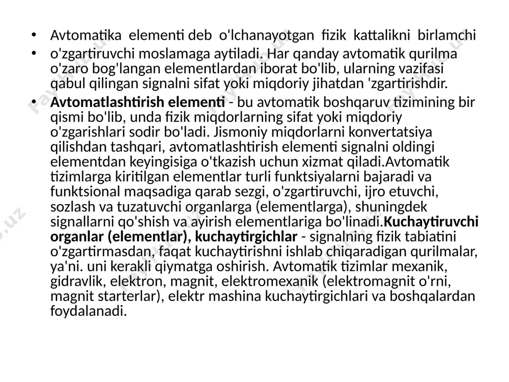 v sh.m. erkin va farovon demokratik o‘zbekiston davlatini birgalikda barpo etamiz. toshkent, o'zbekiston, 2016.-56 b mirziyoyev sh.m. tanqidiy taxlil, qat’iy tartib - intizom va shaxsiy javobgarlik - xar bir raxbar faoliyatining kundalik qoidasi bo‘lishi kerak. toshkent, 0 ‘zbekiston, 2017.-104 b mirziyoyev sh.m. qonun ustuvorligi va inson manfaatlarini ta’minlash – yurt taraqqiyoti va xalq farovonligi g aro v i. toshkent, 0 ‘zbekiston, 2017.-48 b mirziyoyev sh.m. o‘zbekistonni rivojlantirishning beshta ustuvor vo‘nalishi bo‘yicha xarakatlar strategiyasi. т., 0 ‘zbekiston, 2017. “gazeta. uz” john mopton. avr. an introductory cource. ox5 1gb, england.2002. (mikrokontrollerbi avr.vvodnbiy kurs.per.s ang.-m.dodeka-xxl”,2006.-272 s.) gazieva r.t., va boshqalar. avtomatikaning texnik vositalari va raqamli avtomatika fanidan laboratoriya mashg'ulotlari bo'yicha uslubiy ko'rsatmama. - toshkent.:timi, 2013. -5 8 b. image1.emf image2.emf image3.emf avtomatlashtirish elementlari bajaradigan funktsiyalariga ko'ra ular sensorlar, kuchaytirgichlar, stabilizatorlar, o'rni, distribyutorlar, motorlar va boshqalarga bo'linadi.sensor (o'lchov organi, sezgir element) - bu avtomatik qurilmada foydalanish uchun qulayroq bo'lgan bir fizik miqdorni boshqasiga aylantiruvchi …