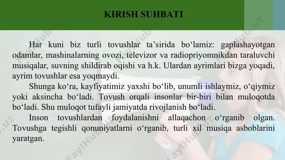 barcha man ba larda nimadir tebranar ekan. haqiqatan ham, radiokarnayni 124-rasmda ko‘rsatilganidek qo‘yib, ustiga kichik yengil po‘kak parchalarini yoki o‘yinchoq to‘pponchaning plastmassa sharcha – o‘qlarini qo‘ysak, tovush chiqayotganda sharchalar sakrab turganligini ko‘ramiz. nima sababdan uzun chizg‘ich tebranib turgan da biz uning tovushini eshitmadik? buni tushun tirish uchun tebranishni xarakterlaydigan tushuncha va kattaliklarni kiritaylik. har qanday takrorlanuvchi harakatga tebranma harakat deyiladi. 1 sekund davomidagi tebranishlar soniga tebranishlar chastotasi deyiladi. chastotani v harfi bilan belgilanadi. agar jism 1 sekundda 1 marta tebransa, uning chastotasini 1 gers (hz) deb qabul qilingan. inson qulog‘i 16 hz dan 20 000 hz gacha bo‘lgan tovushlarni eshita oladi. 16 hz dan kichik tovushlarni infratovush va 20 000 hz dan kattalarini ultratovush deyiladi. aniq bir chastotali tovush chiqaradigan asbobga kamerton deyiladi. kamertonni 1711-yilda ingliz musiqachisi j. shorom ixtiro qilgan bo‘lib, musiqa asboblarini sozlashda foydalangan. kamerton ikki shoxli metall ster jendan iborat bo‘lib, o‘rtasida tutqichi bor (125-rasm). rezina tayoqcha …