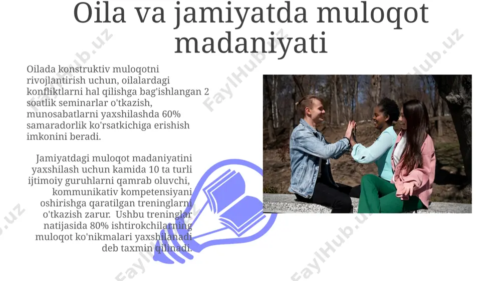 zluksiz rivojlanadigan mustahkam axloqiy-ma'naviy asoslar yaratish mumkin. samarali muloqot, ma'naviy madaniyatning 70% dan ortiq qismini shakllantirishda hal qiluvchi omil bo'lib, insonlararo munosabatlarni yaxshilash va ijtimoiy uyg'unlikni ta'minlashga yordam beradi. ma'naviy qadriyatlarni muloqot orqali targ'ib qilish yoshlar o'rtasida ma'naviy muloqotni rivojlantirish uchun 10 ta interaktiv dastur va treninglarni joriy etish, ijtimoiy tarmoqlar orqali 50% ga ko'proq yoshlarni jalb qilish mumkin. samarali muloqot orqali kamida 5 ta asosiy ma'naviy qadriyat – hurmat, mehr-oqibat, halollik, adolat va vatanparvarlik kabi tushunchalarni chuqurroq tushunishga erishish mumkin. ma'naviy muloqotning zamonaviy muammolariga yechimlar ma'naviy muloqotdagi noto'g'ri tushunchalar va qarama-qarshiliklarni kamaytirish maqsadida, kamida 5 ta turli ijtimoiy guruhlar o'rtasida ko'prik bo'lib xizmat qiladigan mediatorlarning rolini kuchaytirish muhimdir. zamonaviy axborot texnologiyalari ta'siri ostida 70% dan ortiq muloqot onlayn muhitda amalga oshirilayotganligi sababli, virtual muloqot madaniyatini shakllantirishga alohida ahamiyat berish kerak. turli madaniyatlararo muloqot va ma'naviyat 01 02 ma'naviy taraqqiyot jarayonida, 10 yillik tadqiqotlar shuni ko'rsatdiki, muloqotning samaradorligi kamida 70% …