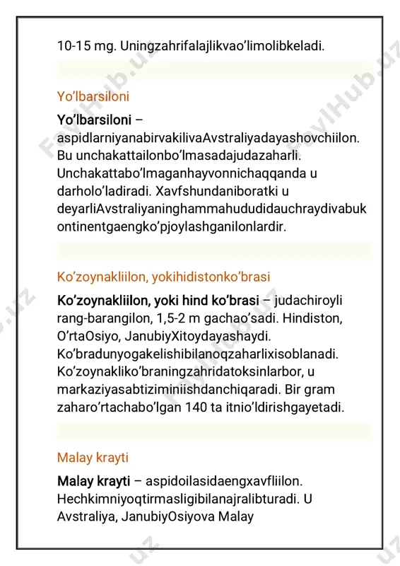 stkiyuzasigao‘tibketadi. hindistondayashaydigankobralarningensasidako‘zoy nakkao‘xshashnaqshibo‘lganiuchunularko‘zoynakliilo n deb ataladi. o‘zbekistondakobrafaqatbobotog‘da, hisortizmatog‘larining tog‘ oldilaridavasurxondaryovodiysidako‘proquchray di. qarshidashtidabirmunchakamroq, zarafshonvanurotatizmatog‘laridaesakamuchraydi. sharqdauchraydiganengso‘nggi manzil – xovosatroflari. hattobobotog‘da ham birkundaikkitadanortiqilonuchratishqiyin, odatda, ekspeditsiyalarvaqtidakamdan-kam, ya’nibiroydabittakobraniuchratishmumkin. o‘zbekistondakobraquruq yon bag‘irlarda, kemiruvchilarinidayashaydi. vodiylardavaaholiyashaydiganpunktlardakamdan- kamuchraydi. masalan, builonbirsafarsurxondaryoviloyatisho‘rchiqishlog‘ich ekkasidan, boshqapaytdasamarqanddantutilganedi. qishlovdan, odatdaapreldachiqadi. bahordakunduzi, keyinesafaqatertalabvakechqurunaktivyashaydi, yozdako‘pinchakechasiovgachiqadi. qurbaqa, kaltakesakvailonlarbilanoziqlanadi. dashtzaharliqorailon (gadyuka) sirdaryobo‘ylaridako‘pinchaunchakattabo‘lmaganilon – dashtzaharliqorailoniuchrabturadi. tanasininguzunligi 55 sm. cha, dumiqisqa 4-6 sm. usti qo‘ng‘irsimon-kul rang, orqacho‘qqasibo‘ylabto‘qrangliegri-bugriyo‘libor, ba’zan u uzuq-uzuqyokidog‘lardaniboratbo‘ladi. gavdasiningyonlarito‘qrangli, odatdakeskinajralibturmaydigandog‘larbilanqoplang an, buyerdagitangachalariningchetlariochroq. u chirchiq, xo‘jakentdanchinozgachabo‘lganjoylarda, sirdaryo, xovosdanpastroqdako‘proq, chotqoltizmatog‘laridaparkent, chimyonvaxumsonyaqinidaesakamroquchraydi. daryovohalaridagichingilvasho‘rao‘tlarko‘po‘sadigan ko‘lqirg‘oqlarida, sholipoyalarmarzalaridayashaydi. kemiruvchilarninginigakiribyashirinadi. tog‘lardagiyaproqlio‘rmonlarzonasidakamuchraydi. qishlabchiqqandankeyinodatda mart oxirlaridapaydobo‘laboshlaydi. dastlabkivaqtlardakunduziaktivyashaydi. may oyiningboshlaridafaqatertalab, haliissiqtushmasdanko‘zgatashlanadi, yozdaesafaqatkechasiovgachiqadi. hasharotlar (chigirtka), kaltakesakvamaydakemiruvchilarbilanoziqlanadi. c