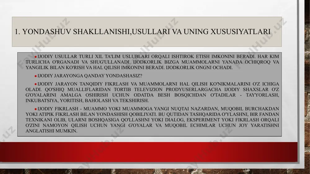 cha ko'rish qobiliyatidan foyda olishi mumkin. yaxshiroq ijodiy fikrlovchi bo'lishingizga yordam beradigan ba'zi tasdiqlangan usullar va ko'rsatmalar mavjud bo'lsa-da, esda tutingki, har bir kishi ijodiy bo'lishi mumkin va siz uchun nima ishlayotganini topish muhim, terminologiya yoki maxsus asos emas. vizual fikrlash ushbu ro'yxatdagi barcha ijodiy fikrlash qobiliyatlari ichida vizual fikrlash sizga eng tanish bo'lishi mumkin. vizual fikrlash - bu tasvirlar kabi vizual vositalar bilan ma'lumot va tushunchalarni qayta ishlash, o'rganish va taqdim etish usuli. vizual fikrlash ko'pincha ijodiy fikrlash bilan bog'liq, chunki uning qalbida tasvirlarni iste'mol qilish va yaratish. bu sizni vizual fikrlovchi bo'lish uchun chizishingiz kerak deb o'ylashiga yo'l qo'ymang. ushbu ijodiy fikrlash qobiliyatini qo'llash vizual ma'lumotni sharhlash, tushunchalarni ko'pincha oddiy vizual tarzda taqdim etish va hamma uchun tushunarli tarzda muloqot qilishni anglatadi. tayoqchalarni chizish faol rag'batlantiriladi! muammoni hal qilishda vizual yondashuvlar umumiy tushunishni rivojlantirishga yordam beradi va odamlarga o'z g'oyalarida yanada qisqaroq yoki ijodiy bo'lishga yordam beradi. esingizda …