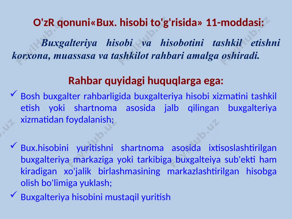 va unga haq to’lash, mehnat haqi fondini nazorat qilish va mehnat haqi bo’yicha barcha hisob-kitoblar uchun mas’ul) ishlab chiqarish – kalkulyatsiya guruhi (ishlab chiqarish harajatlari hisobi, tannarx kalkulyatsiyasi, ishlab chiqarish hisobotlari va hokazolar uchun mas’ul) realizatsiya bo’limi (tayyor mahsulotlar, tovarlar, ularni sotish va moliyaviy natijalar hisobi uchun mas’ul) umumiy bo’lim (qolgan boshqa muomalalar hisobi va bosh daftarni yuritish, balans va boshqa hisobot shakllarini tuzish uchun mas’ul) boshqa bo’limlar (masalan, kapital qurilish, uy-joy kommunal xo’jaligi va h.k.) tarkibiy bo’linmalar bo’linmalar tomonidan taqdim etiladigan hujjatlar nomi va tarkibi sexlar alohida xo’jalik muomalalari bo’yicha hujjatlar, ishlab chiqarish hisobotlari, moddiy hisobotlar va b. omborxonalar tovar-moddiy qiymatliklar harakatiga doir hujjatlar reja – moliya bo’limi faoliyat turlari bo’yicha tasdiqlangan rejalar, smetalar va b. mehnat va ish haqi bo’limi mehnat haqi bo’yocha nizom, moddiy rag’batlantirish va moddiy yordam to’g’risida nizom, stavkalar, oylik maoshlar, shtatlar va b. kadrlar bo’limi ishga qabul qilish, bo’shatish, ta’tilga chiqarish, lavozimga o’tkazishlar to’g’risida …