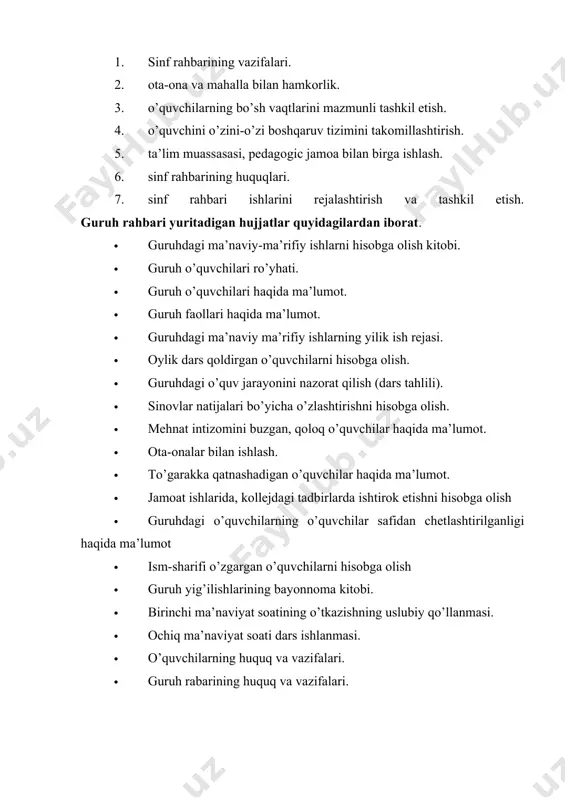 a pedagogic kengashga olib chiqish. guruh rahbarining majburiyatlari. mamlakatimiz taraqqiyoti uchun mutaxassislar tayyorlash bo’yicha rejali ish olib borish, tanlagan kasbiga mehr bilan qarash, jamoat mulkini asrab-avaylash ruhida tarbiyalash lozim. bundan tashqari, guruh rahbari faoliyati rejali tashkil qilinishi lozim. ish rejasi o’quv muassasasida olib borilayotgan ma’naviyat-ma’rifat ishlari rejasiga asosan bir o’quv yiliga mo’ljallab tuziladi va direktorning ma’naviy-ma’rifiy ishlari bo’yicha o’rinbosari tomonidan tasdiqlanadi. kollejdagi boshqa guruh rahbarlariga yordam berish maqsadida, o’z guruhidagi tarbiya ishlarini rejalashtirib ommalashtirish. o’quv muassasasida guruh rahbaring faoliyatini muvofiqlashtirish uchun “guruh rahbarlari kengashi” tuziladi. kengashni director o’rinbosari yoki tajribali o’qituvchilardan biri boshqaradi. guruh rahbarlari kengashi tarkibiga guruh rahbarlari va tarbiyachilar kiradi. kengash faoliyatida zaruriyat tug’ilganda, director o’rinbosdasrlari, fan kafedralari boshliqlari, kutubxonachilar ham qatnashishlari mumkin. sinf rahabrining faoliyati kishi shaxsini tarkib toptirishga qaratilgan. bu faoliyatning natijlari tarbiyalanuvchining qiyofasida, uning shaxsidagi xususiyatlarida, harakter va xulq-atvorida o’z aksini topadi. agar tarbiyachi pedagog nimaga intilayotganini ravshan va aniq tushunilmagan joyda tarbiyalanuvchilar shaxsini takomillashtirishga …