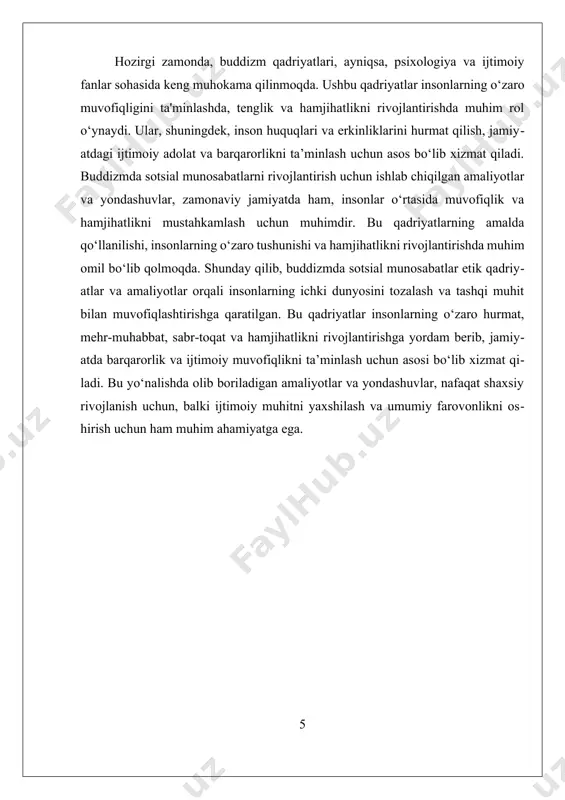 ta'minlaydi. bu yondashuv, shuningdek, insonlarning o‘zaro yordam va hamjihatlikni rivojlantirishda muhim rol o‘ynaydi. buddizmda sotsial munosabatlarni yaxshilash uchun ishlab chiqilgan etik qoidalar, masalan, "panca sila" (besh etik qoidalar) ham jamiyatda ijtimoiy muhitni yaxshilashga xizmat qiladi, chunki ular insonlarning o‘zaro muomala va munosabatlarini to‘g‘ri va adolatli qilishga undaydi. hozirgi zamonda, buddizmda sotsial munosabatlarni rivojlantirishga qaratilgan amaliyotlar va yondashuvlar psixologiya, etika va ijtimoiy fanlar bilan bog‘liq ilmiy tadqiqotlar uchun muhim bo‘lib qolmoqda. bu, insonlarning o‘zaro muvofiqligini va ijtimoiy barqarorlikni ta'minlashda muhim rol o‘ynaydi. zamonaviy jamiyatda, inson huquqlari, tenglik va hamjihatlikni rivojlantirish uchun buddizm ta'limotlaridan ilhomlanib, muayyan amaliyotlar ishlab chiqilmoqda. bu esa, insonlar o‘rtasidagi muvofiqlik va hamjihatlikni kuchaytirishga yordam beradi, shuningdek, jamiyatdagi ijtimoiy muammolarni hal etishda muhim omil bo‘lib xizmat qiladi. shunday qilib, buddizmda sotsial munosabatlar muhim qadriyatlar va amaliyotlar orqali rivojlantiriladi. bu qadriyatlar insonlarning ichki dunyosini va tashqi muhit bilan bo‘ladigan aloqalarini yaxshilashga xizmat qiladi, jamiyatda hamjihatlik, mehr-muhabbat va sabr-toqatni mustahkamlashga yordam …