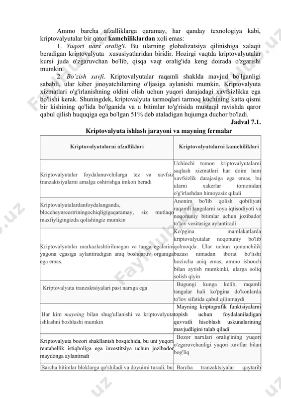 zimidagi tranzaktsiyalar p2p printsipi asosida amalga oshiriladi (4.3.1 - bandga qarang), markaziy boshqaruv organi ishtirokisiz. tarmoqni saqlash xarajatlarini kamaytirish, pul o'tkazmalari uchun komissiyani sezilarli darajada kamaytirishi mumkin. bank va elektron to'lov tizimlaridan farqli o'laroq, foydalanuvchilar komissiya miqdorini mustaqil ravishda belgilash va hatto ularsiz tranzaktsiyalarni yuborish imkoniyatiga ega. 3. tez to'lovlar. kriptovalyutatranzaktsiyalari yuqori ishlov berish tezligiga ega. bunga qo'shimcha ravishda, blockchain-ga tranzaktsiya qo'shgandan so'ng, qaytarib bo'lmaydigan holga keladi. tranzaktsiyalarning qaytarilmasligi yozuvlarning qalbakilashtirilishi va tizimdagi firibgarlikning oldini olishga imkon beradi. 4. maxfiylik. maxfiylik - bu kriptovalyutalar asosiy afzalliklaridan biri. tizimdan foydalanish uchun shaxsiy ma'lumotlarni ko'rsatish shart emas, bu ism-sharifni saqlashga va xarajatlarlarni hukumat, moliya institutlari yoki marketing kompaniyalaridan kamaytirishga imkon beradi. 5. tarmoq mijozi o'z pulining yagona egasi. hamyonda kripto tangalariga kirish faqat egasi bilan birga bo'lgan shaxsiy kalitni taqdim etish orqali olinishi mumkin. bu shuni anglatadiki, hech kim hisobdagi tangalarni olib tashlay olmaydi yoki ularning harakatini to'xtatmaydi. kriptovalyutalar o'z kapitallarini himoya …