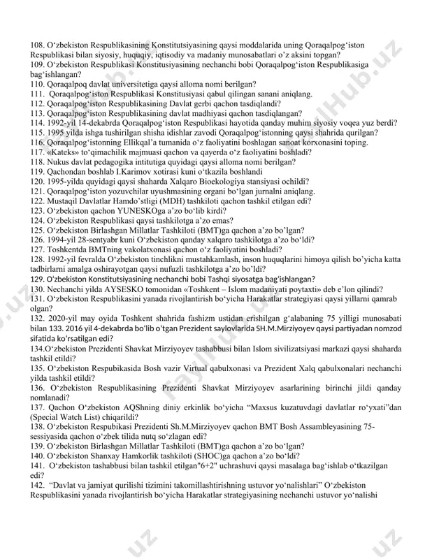 hkil etildi? 64. o‘zbekiston ekologik partiyasi qachon tashkil etildi? 65. 1991-yilda yurtimizda qaysi allomaning 550 yilligi nishonlangan edi? 66. yurtimizda ahmad al-farg‘oniyning 1200 yillik yubileyi qachon nishonlangan edi? 67. yurtimizda imom al-buxoriyning 1125 yillik yubileyi qachon nishonlangan edi? 68. toshkent shahrida alisher navoiyning haykali qachon ochilgan? 69. o‘zbekistonda an’anaviy “sharq taronalari” xalqaro musiqa festivali qaysi shaharda o‘tkazib kelinmoqda? 70. yurtimizda xiva va buxoro shaharlarining 2500 yillik yubileylari qachon nishonlangan edi? 71. nechanchi yil xorazm ma’mun akademiyasining 1000 yilligi nishonlandi. 72. o‘zbekiston respublikasining birinchi prezidenti i.a.karimovning «ro‘za hayitini dam olish kuni deb e’lon qilish to‘g‘risida»gi farmoni qachon e’lon qilingan edi? 73. o‘zbekiston respublikasining birinchi prezidenti i.karimov farmoni bilan xorazm fanlar akademiyasi (ma’mun akademiyasi) qachon qayta tiklangan edi? 74. yurtimizda samarqand shahrining 2750 yillik yubileyi qachon nishonlandi? 75. toshkentda “shahidlar xotirasi” majmui qachon ochildi? 76. toshkentda islom universiteti nechanchi yilda tashkil etilgan edi? 77. toshkentda temuriylar tarixi davlat muzeyi qachon ochildi? 78. …