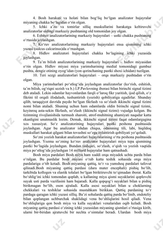 odagi tushuncha bo‘lib o‘quvchilarning charchashi - ya’ni, toliqishi va o‘ta charchashining oldini olish vazifasini ham o‘z ichiga oladi, bu esa birinchi navbatda o‘quvchining o‘ta toliqishiga yo‘l qo’ymaslik bilan bog‘liqdir. bu masala maktabdagi pedagoglar va mediklar, ota-onalarning diqqat markazida turishi lozim. "maktab kasalliklari" deb ataluvchi kasalliklarnini oldini olish hozirgi vaqtda o‘quvchilar tarbiyasi bilan shug’ullanuvchi har bir kishining asosiy vazifasidir. nerv tizimi organizm uning muhiti somatik nerv tizimi va uning cheksiz organlari “autonomic yoki vegetative nerv tizimibilan bog’langan. somatik nerv tizimining xususiyatlari xis-tuyg’ularini anglash tushunish, ixtiyoriy ko’chish, ma’lumotlarni tezlikda almashtirish tarqatishdan iboratdir. vegetativ nerv tizimibir tomondan doimiy ravishda gomeostasni ayni holicha muvozanatda saqlashga va tabiiy muhit zaruratidan kelib chiqib organ funksiyasining o’zini-o’zi tartibga solish idora etishga javobgar. somatic va outomotic nerv tizimimiyadan tanaga boradigan impul’s mitoz bog’lanishi singari sensorlik markazga intilishni o’z ichiga oladi. markazga intiluvchi o’tkazuvchanlik tevarakdagi organlarda markazga “miyaga” o’tkazilganda yuz beradi. keyingi o’tkazuvchanlik bo’lsa markazdan boshqa joyga skelet muskuli, …