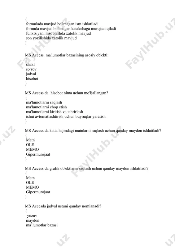 (b, a) exp (a, b) pow (a, b) } lnx standart funktsiyasi c ++ dasturlash tilida qanday yozilgan? { ln (x) loge (x) logx log (x) } quyidagi ifoda natijasi qanday bo'ladi? (1 &&! (0 || 1)) { noaniqlik yolg'on rost 2 } switch operatorida qanday kalit so'z ishlatiladi? { program label include break } int l [3] [3] massiv qiymatlari {{2, 3, 4}, {3, 4, 8}, {1, 0, 9}} ko`rinishda bo`lsa, massivning l [1] [2] elementi qiymati qanday bo'ladi? { 2 3 4 8 } 1) quyidagi 10 o`lchamli massiv uchun qaysi holga massivning yettinchi elementiga murojaat qilingan? a) mas6; b) mas (7); c) mas [7]; d) mas [6]; 2) quyidagi dastur kodi natijasida qanday qiymat chop etiladi? 1 2 3 4 5 6 7 8 9 10 11 12 13 14 15 16 17 18 19 20 #include int main() { int sum = 0; int array[3][] = …