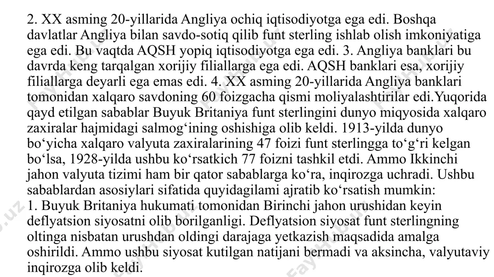 arining oltin taʼminoti bekor qilindi. lekin shunga qaramay qogʻoz j. p. doirasi kengaydi va ular qatoriga erkin almashtiriladigan ingliz funt sterlingi, germaniya markasi, yaponiya iyenasi, shveysariya franki qoʻshildi. keyingi yillarda bu milliy pullar ichida raqobat kuchayib, dunyo miqyosida aqsh dollari va yaponiya iyenasining mavqei koʻtarildi, natijada jahon bozori asosan ikki zona — aqsh dollari va yaponiya iyenasi zonalariga ajraldi. 1999-yil 1 yanvarda yevropa ittifoqining 11 mamlakati uchun umumiy boʻlgan yangi pul — yevro davlatlararo hisob-kitoblarda muomalaga kiritildi (2002-yil 1 yanvardan ye. banknotlari va tangalari muomalaga chiqarildi). bundan koʻzlangan maqsad yevropada aqsh dollarining tazyiqiga qarshi kurashish, uning hukmronligiga barham berishdir. j. p. sifatida yevro aqsh dollarining jiddiy raqobatchisi (1 aqsh dollari =1,067 yevro; 27.04.2024). xalqaro iqtisodiy integratsiya kuchayishi bilan j. p.ning turlari qisqarib, uning vazifasini ozchilik valyuta bajaradi. image1.png image2.png image3.png image4.png image5.png /docprops/thumbnail.jpeg