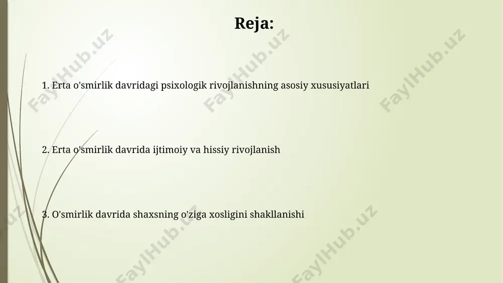 kka intilish va o'z fikrlarini himoya qilish orqali munosabatlarni qayta qurishni boshlaydilar, bu esa ba'zan to'qnashuvlarga olib keladi. ota-onalarning o'smirlarning shaxsiy hayotiga aralashishi, ya'ni ko'proq nazorat qilishga urinishi, qo'zg'olon va norasmiy muloqotning kamayishiga, va ishonchsizlikning oshishiga olib kelishi mumkin. xavf-xatarli xatti-harakatlar jinsiy tajovuz va zo'ravonlikka moyillik, shu yoshdagi o'spirinlarda 15-20% gacha kuzatiladi va bu ijtimoiy-psixologik omillar bilan chambarchas bog'liq. modda suiiste'moli, ayniqsa, giyohvandlik va alkogolga moyillik, erta o'smirlik davrida 10% dan yuqori bo'lishi mumkin, bu esa oilaviy va maktab muhitini hisobga olishni talab qiladi. erta o'smirlik davrida jismoniy o'zgarishlar suyaklarning tez o'sishi tufayli, tana nisbatlarining o'zgarishi va mushak massasining ortishi ham erta o'smirlik davrining muhim jismoniy xususiyatlaridan hisoblanadi, bu esa bo'yning keskin o'sishini ham o'z ichiga oladi. o'g'il bolalarda esa 11-15 yosh oralig'ida testes va penisning tez sur'atlarda o'sishi, ovozning o'zgarishi va soch o'sishining kuchayishi kuzatiladi. tengdoshlar bilan munosabatlar erta oʻsmirlik davrida tengdoshlar bilan munosabatlarning asosiy omili – ijtimoiy qabul …