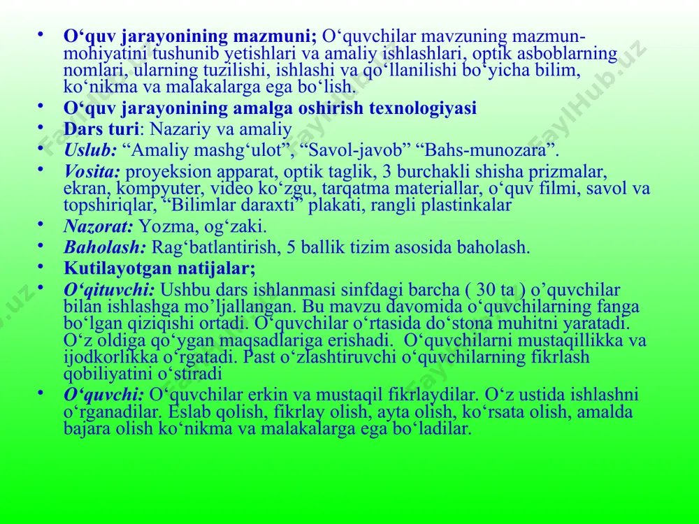 didan elektr zanjirida ishlatiladigan laboratoriya jihozlarining tozaligiga, sozligiga, tok manbayining buraladigan kallagi eng minimal holatda turganligiga e’tibor berilishi lozim. elektr zanjirlarini yig‘ish va yig‘ilgan zanjirlarda tuzatish ishlarini bajarayotganda zanjir tok manbayidan uzilgan holda bo‘lishi kerak. xona maxsus pardalar yordamida qorong‘ulashtirilib, ishni bajarish tartibiga binoan tajriba namoyish etiladi. spektr kengligi prizma yasalgan shisha turiga , prizma asosining kengligiga bog‘liqligi o‘rganiladi. natijalar doskaga (jadvalga) yoziladi. t/r prizma asosining kengligi (mm) spektr kengligi (mm) 1 2 iv.mustahkamlash: (13 minut). 1.o‘quvchilarga rangli qog‘ozlardan “kamalak yasash” amaliy topshirig‘i beriladi. 2.rangli shisha plastinkalar yordamida “fikrlay olasizmi?” amaliy topshirig‘i beriladi. fikrlay olasizmi? ranglar qizil shisha orqali (tasavvuringizda ) amalda ko‘rganda qanday rang hosil bo‘ldi ? ko‘k shisha orqali (tasavvuringizda) amalda ko‘rganda qanday rang hosil bo‘ldi ? qizil zarg‘ aldoq sariq yashil havorang ko‘k binafsha javoblari ranglar qizil shisha orqali ko‘k shisha orqali qizil oq qizil zarg‘aldoq och qizil zarg‘aldoq sariq och qizil sariq yashil qora yashil havorang …