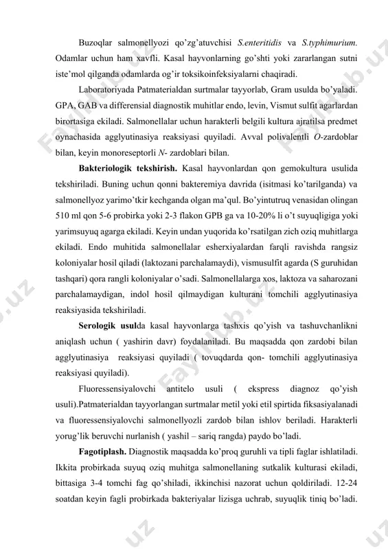 b bilan ishlov beriladi. harakterli yorug’lik beruvchi nurlanish ( yashil – sariq rangda) paydo bo’ladi. fagotiplash. diagnostik maqsadda ko’proq guruhli va tipli faglar ishlatiladi. ikkita probirkada suyuq oziq muhitga salmonellaning sutkalik kulturasi ekiladi, bittasiga 3-4 tomchi fag qo’shiladi, ikkinchisi nazorat uchun qoldiriladi. 12-24 soatdan keyin fagli probirkada bakteriyalar lizisga uchrab, suyuqlik tiniq bo’ladi. zich oziq muhitda bakteriyalar yuzaga bir tyokis ekiladi va bir tomchi fag tomdiriladi. ikkinchi kuni fag tomchisi bo’lgan joyda o’sish bo’lmaydi. biosinov zarur hollarda quyiladi. buning uchun 18g massali oq sichqonlar terisi ostiga kultura suspenziyasi ( 50-100 mln mikrob tanachalari 1ml da) 0,2-0,3 ml yuboriladi. ijobiy natijada 3-10 kunda sichqonlar o’ladi. laboratoriyada tekshirish muddati 5-6 kun. buzoqlar salmonellyozi qo’zg’atuvchisi s.enteritidis va s.typhimurium. odamlar uchun ham xavfli. kasal hayvonlarning go’shti yoki zararlangan sutni istyemol qilganda odamlarda og’ir toksikoinfeksiyalarni chaqiradi. kasallik qo’zg’atuvchisining asosiy manbasi- kasal hayvonlar, reqonvalessentlar, klinik sog’lom bakteriya tashuvchilar. buzoqlarning yalpi kasallanishida yoz kunlarida bir necha soat …