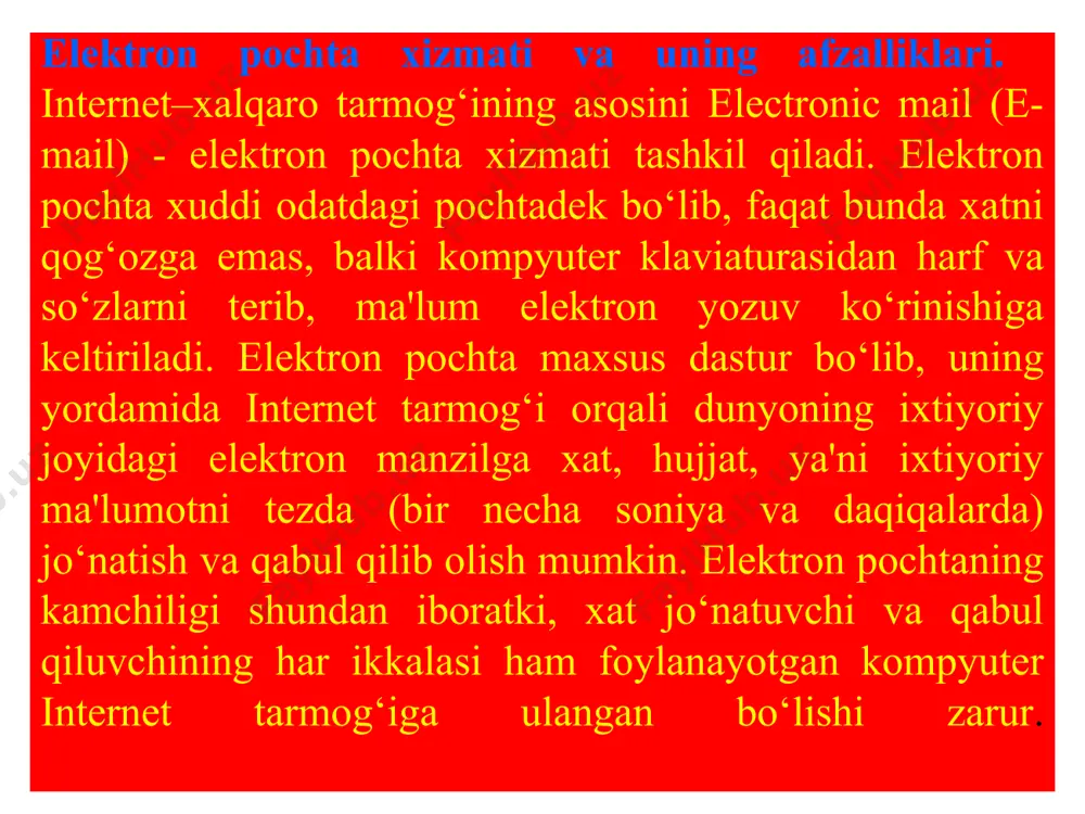 htasiga kelgan xatlarni ko‘rishi uchun vxodyaщie buyrug‘i tanlanadi. ekranda pochtaga kelgan xatlar ro‘yxati paydo bo‘ladi. unda xat kimdan, mavzusi, pochtaga qachon kelib tushgan va fayl o‘lchami to‘g‘risida ma'lumot saqlangan. foydalanuvchi xatni o‘qishi uchun, tema bandida sichqonchaning chap tugmachasi bosiladi. ekranda xat mazmuni paydo bo‘ladi. foydalanuvchi xatni o‘qishi va agar zaruriyat bo‘lsa fayl+pechat buyrug‘i orqali printerda chop qilishi mumkin. elektron pochtadagi keraksiz xatni o‘chirish uchun dastlab u belgilanadi va udalit tugmachasi bosiladi. o‘chirilgan fayl korzinaga borib tushadi. korzinani tozalash ochistit korzina buyrug‘i orqali amalga oshiriladi. xabarlarni ko‘pchilikka yuborish. ma'lum bir sabablarga ko‘ra bir xil mazmundagi xabarlarni bir necha manzil yoki pochta qutisiga yuborish zaruriyati paydo bo’ladi. shunda, komu darchasiga xat jo‘natilishi kerak bo‘lgan elektron manzillar “;” (nuqta vergul) belgilari bilan ajratiladi, masalan: (tuit@tuit.uz; tuit@inbox.uz kopiya darchasiga, agar shu xat boshqa manzilga ham jo‘natilishi kerak bo‘lsa, o‘sha manzil, tema darchasiga xat mavzusi yoziladi. ushbu vazifadan biror elon yoki yangilikni ko‘pchillikka barobar yuborish …