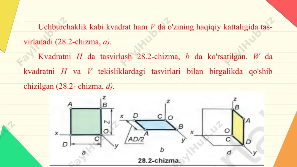28.10-chizma, b da berilgan. bu ellipsni yasashda katta o'qi ab _l x, kichik cd o'qi x o'q bilan qo'shilib qoladi. bunday ellipsni yasashda 1- va 2-nuqtalarni aylananing x o'q bilan kesishayotgan joylarida belgilanadi. ellipsning katta o'qini x o'qqa perpendi­kular qilib o'tkaziladi.
