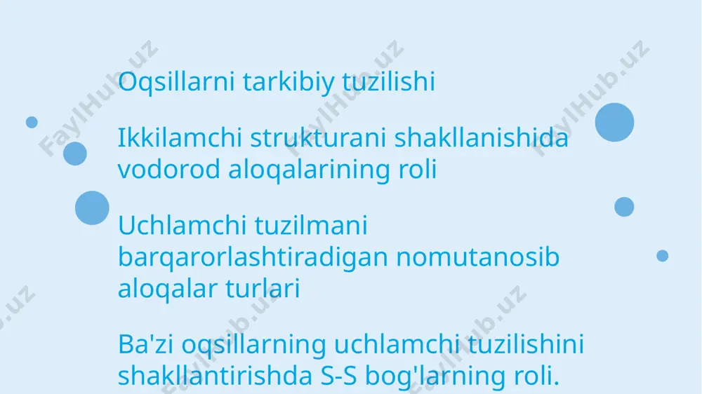 ) o'rtasida hosil bo'lganda paydo bo'ladi . polipeptid zanjirining ikki qismi bir- biriga parallel bo'lib, parallel peptid bog'lanishlari o'rtasida vodorod bog'lari hosil bo'lishini ta'minlaydigan oqsil burmalanganda b-qatlamli varaq shakli hosil bo'ladi. ko'pgina tolali oqsillar ikkilamchi tuzilishga ega (masalan, kollagen va keratin) ikkilamchi struktura faqat aminokislota va karboksil guruhi ("oqsil magistral") o'rtasida hosil bo'lgan vodorod aloqalari bilan bog'liq . vodorod aloqalari yuqori harorat va ph o'zgarishi bilan uzilishi mumkin protein uchinchi darajali tuzilishi oqsilning uch o'lchovli shaklidir . uchinchi darajali tuzilma bir yoki bir nechta oqsil ikkilamchi tuzilmalari , oqsil domenlari bilan bitta polipeptid zanjiri "umurtqa suyagi" ga ega bo'ladi . aminokislota yon zanjirlari turli yo'llar bilan o'zaro ta'sir qilishi va bog'lanishi mumkin. muayyan oqsil ichidagi yon zanjirlarning o'zaro ta'siri va bog'lanishi uning uchinchi darajali tuzilishini belgilaydi. proteinning uchinchi tuzilishi uning atom koordinatalari bilan belgilanadi. ushbu koordinatalar oqsil domeniga yoki butun uchinchi darajali tuzilishga tegishli bo'lishi mumkin. oqsillarning uchlamchi strukturasi title …