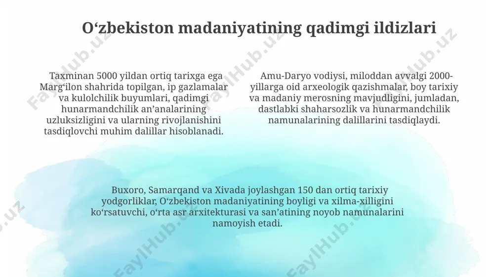 навий усулларда, яъни қўлда тўқиладиган миллий либослар ва уларга хос бўлган геометрик нақшлар сақланиб қолган. oʻzbek meʼmorchiligi va arxitekturasi oʻzbekistonning samarqand shahridagi registon maydonidagi uchta madrasaning – ulugʻbek, sherdor va tilya-kori madrasalarining meʼmoriy uslublari 15-asrda rivojlangan va dunyo meʼmorchiligi tarixida muhim oʻrin egallaydi. xorazm viloyatining xiva shahrida joylashgan itchan-qal’a – xvi-xix asrlarda qurilgan 250 dan ortiq tarixiy yodgorliklarga ega boʻlgan, unesconing jahon merosi roʻyxatiga kiritilgan noyob meʼmoriy majmua. buxoro shahridagi poy-kalyon majmuasi 12-16 asrlarga oid boʻlib, uning tarkibiga minorasi 47 metr balandlikdagi kalyan minori va 16-asrda qurilgan kalyan masjidi kiradi. oʻzbek taomlari va oshxonalari toshkent shahridagi "chor-su" bozori milliy taomlarning 50 dan ortiq turlarini taklif etadi, bu yerda palovning turli xil navlarini, shuningdek, shashlik va somsa kabi milliy taomlarni topish mumkin. margʻilon shahrida joylashgan "malla" qandolat fabrikasi 30 yildan ortiq tarixga ega boʻlib, an'anaviy "nonoq" va "paxlava" kabi shirinliklarning 100 dan ortiq turini ishlab chiqaradi. oʻzbekistonning 12 ta viloyatining har …