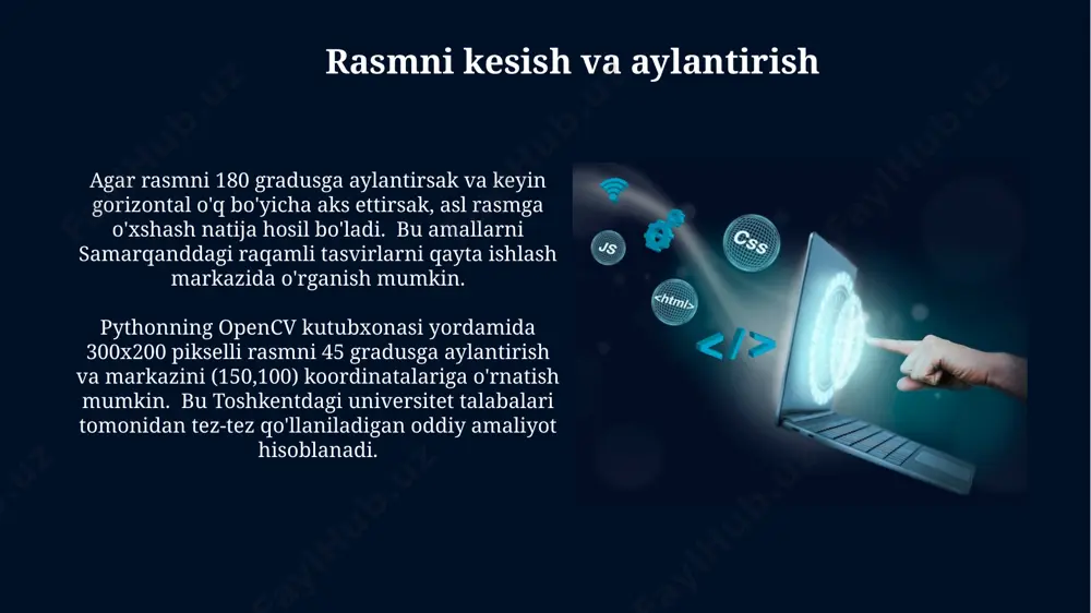 o'lishi optimal hisoblanadi va bu siqilish darajasini va animatsiyaning silliqligini ta'minlaydi, masalan, tokio universiteti tadqiqotchilari tomonidan yaratilgan dasturda shunday qo'llanilgan. matplotlib kutubxonasi, 1000 dan ortiq ramkalar bilan ishlashda, xotira sarfini kamaytirish uchun, optimallashtirish usullaridan, xususan, effektiv ma'lumotlar strukturasi va funksiyalardan foydalanishni talab qiladi, masalan, nyu-yorkdagi kompaniyalarning ko'pchiligi shunday qiladi. rasmni tahlil qilish python'ning opencv kutubxonasi yordamida rasmni tahlil qilishda, masalan, 1000x1000 pikselli rasmning 256 ta rang palitrasini tahlil qilish va uning ranglar taqsimotini toshkent shahridagi serverda hisoblash mumkin. scipy kutubxonasi yordamida rasmdagi 3 ta rang kanalini (rgb) alohida tahlil qilib, har bir kanal uchun o'rtacha qiymatlarni hisoblash va shu asosda tasvirning yorug'lik darajasini aniqlash mumkin, bu esa 15 mingdan ortiq rasmni tahlil qilishda foydali bo'ladi. rasmlar bilan ishlash kutubxonalari pillow (pil) kutubxonasi, 1995 yilda yaratilgan va hozirda faol ravishda rivojlantirilayotgan, python dasturchilariga rasm formatlari, jumladan, jpeg, png va gif kabi 10 dan ortiq formatlar bilan ishlash imkoniyatini beradi. scikit-image kutubxonasi, …