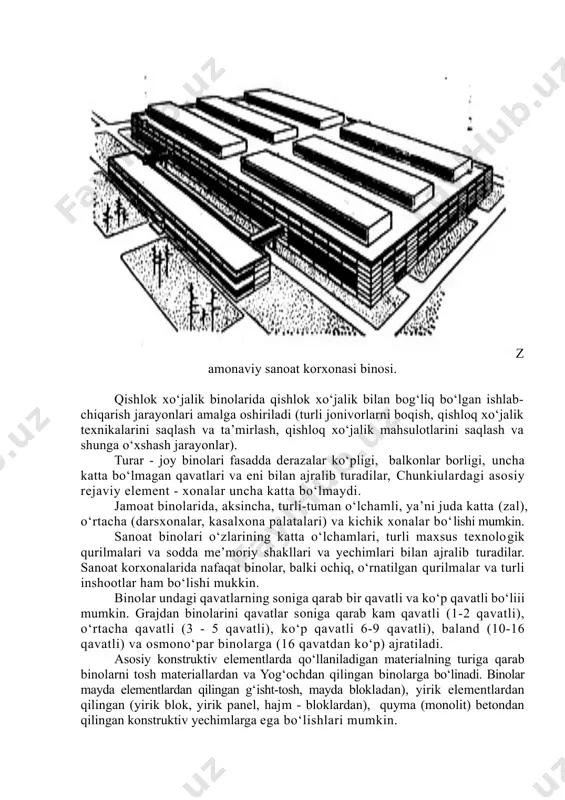 binolari; iv - klass binolariga kam qavatli turar - joy binolari va vaqtinchalik jamoat binolari (masalan, vaqtinchalik foydalaniladigan umumiy ovqatlanish muassasalari va shunga o‘xshash binolar) kiradi. ko‘rib o‘tilgan binolarning barcha turlariga quyidagi asosiy talablar qo‘yiladi: funksional maqsadga muvofiqlik; texnik maqsadga muvofiqlik; me’moriy - badiiy ma’nodorlik; iktisodiy maqsadga muvofiqlik. bu talablarni ifodalovchi ayrim nazariy asoslarni ko‘rib o‘tamiz. binoda yoki uning rejaviy elementi - xonada inson uchun optimal sharoitlar (muhit) yaratilgan bo‘lsa, bino yoki xona o‘z vazifasiga muvofiq hisoblanadi. yaratilgan muhitning sifati bir qatoromillarga bog‘lik. bunday omillarga quyidagilar kiradi: ichki fazo - odam faoliyat kursata olishi, turli asbob va jihozlarni joylashtirish, odamlar harakatlanib yura olishi uchun zarur bo‘lgan joylar (xonaning uzunligi, kengligi na balandligi); mikroiqlim - xonadagi havoning temperaturasi, nisbiy namligi, harakat tezligi va tozalik darajasi orqali xonada yaratiladigan muhitning sifatini ifodalovchi omil; tovush rejimi - xonadagi eshitish uchun yaratilgan sharoitni, uning yoqimsiz, xalaqit beruvchi tovushlardan (shovqin) himoyalanganlik darajasini ifodalovchi omil; yorug‘lik …