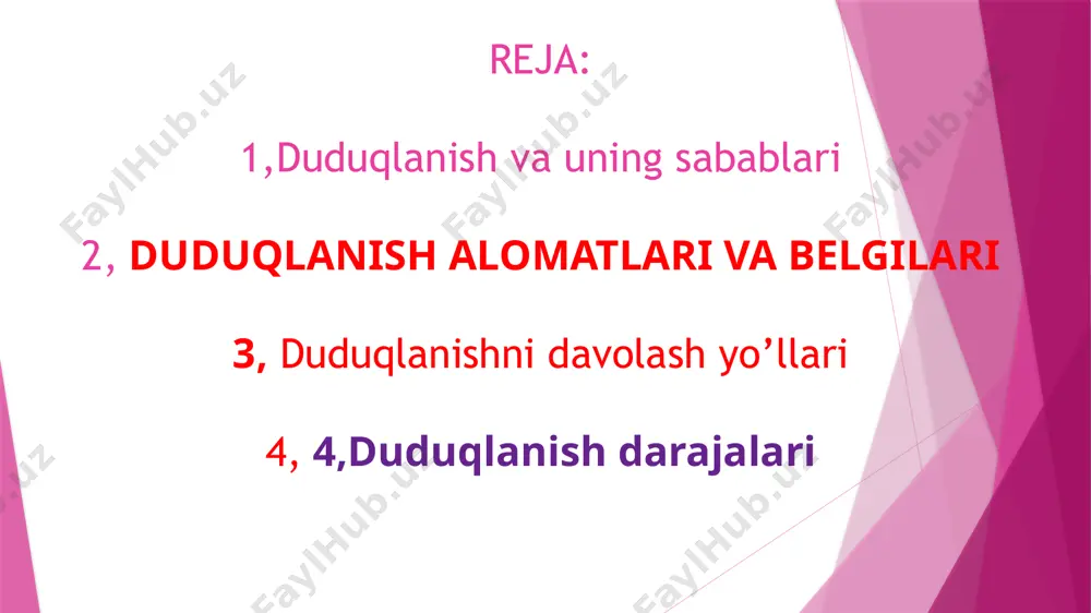 qochishadi, iloji bo’lsa, ular boshqalariga almashtirishga harakat qilishadi. xuruj davrida mutloq gunglik paydo bo’lishi mumkin. normal so’zlasha olmaslik haqidagi fikrlar boshqalardan kamlik va butun «men»i nuqsonli ekanligini anglashgacha olib borishi mumkin. duduqlanish rivojlanishi fazalari 1-faza. duduqlanishning kichik epizodlari, ravon nutq davrlari qisqarishi kuzatiladi. duduqlanishni birinchi bosqichining oxiri quyidagi belgilar bilan belgilanadi: talaffuzdagi qiyinchiliklar ko’pincha jumlaning dastlabki so’zlarida uchraydi; duduqlanish epizodlari bog’liq gaplar, ko’makchi so’zlar va nutqning boshqa qisqacha qismlarini so’zlashda paydo bo’ladi; «kommunikativ bosim» duduqlanishni og’irlashtiradi; bola so’zlashish bilan bog’liq qiyinchiliklariga munosabat bildirmaydi, u xijolat bo’lmasdan gapiradi. hech qanday tashvish, nutqdan qo’rqish yo’q. bir zumdagi emotsional chaqnash duduqlanishni chaqirishi mumkin. 2-faza. aloqa qilishda muammolar, birgalikda kechiuvchi harakatlar yuzaga kela boshlaydi. so’zlashishdagi qiyin vaziyatlar soni asta-sekin oshib boradi. muammo surunkali tus oladi, ammo xurujlarning og’irligi farq qiladi; talaffuz bilan bog’liq muammolar ko’pincha qiyin so’zlardan iborat bo’lgan paglarni tez talaffuz qilishda yuzaga keladi, nutqning qisqa qismlarida esa kamroq uchraydi; bola nutqining buzilishidan …
