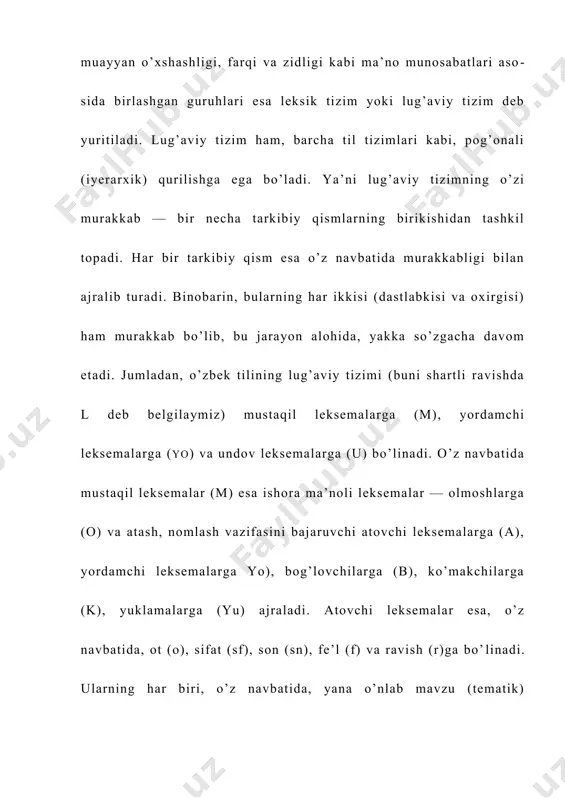 ilshunoslikdagi turlicha atamalari bilan tanishganda, quyidagi, ya’ni nutqda voqelashgan alohida so’zning ma’nosidan (nutqiy ma’no ko’rinishiga oid yuqoriga — semema turiga, bundan esa sememaga qarab borish ma’quldir. biz ham ishda shu yo’lni qo’llaymiz. 1. so’zning muayyan nutq parchasida voqelashgan ma’nosi shu so’zning tildagi umumiy ko’rinishi bo’lgan leksema (yoki so’z yasash qolipi) sememasining ruyobga chiqish shaklidir. leksema sememasining namoyon bo’lish shakli tilning ichki qurilishiga emas, balki til va nutq munosabatiga aloqadordir. shunga ko’ra bu tilshunoslikda maxsus atama bilan atalmaydi. ii. leksemaning bir necha sememasi va har bir sememaning bir necha turi bo’lishi mumkin. leksema sememalari (semema turlari) orasidagi munosabatlar leksemaning mazmun (ichki) tizimi (lms) deb ataladi. iii. har bir leksema tilda o’z ma’nodoshlariga (sinonimlariga) ega bo’ladi. ular birgalikda muayyan semantik guruhni, qatorni hosil siladi. (masalan: diydor — jamol — chehra — yuz — bet — aft — bashara —turq). bunday leksik qatorlar ma’nodoshlik (sinonimik) qatorlari (sq) deb ataladi. iv. o’zbek tilidagi ko’pgina …
