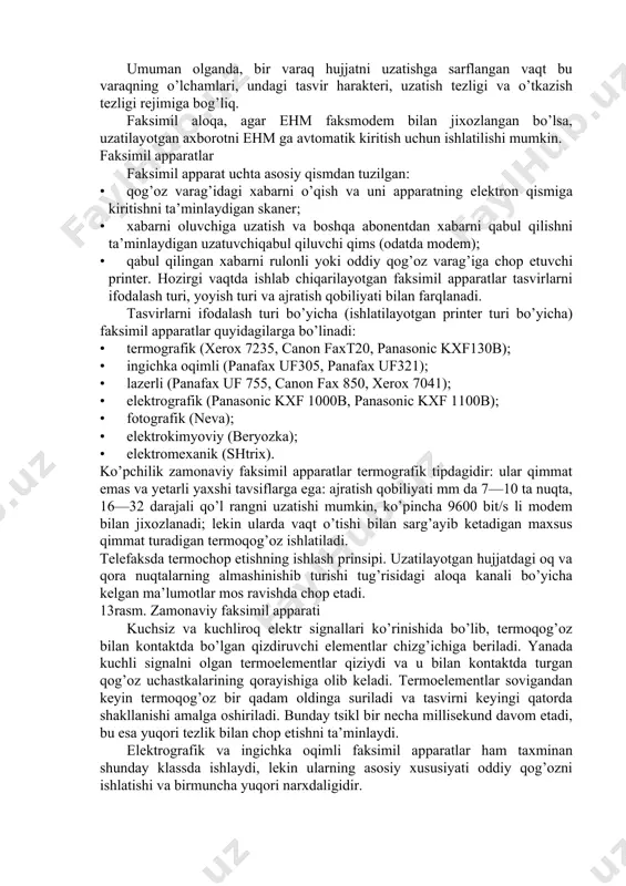 ta element (nuqtalar) yoki 200 dpi (dot per inch — dyuymda nuqtalar; 1 dyuym 25,4 mm) — 1 ta element taxminan 1/8 mm joy oladi. oddiy rejimda qog’ozning siljish qadami 1/4 mm ni tashkil etadi (vertikal bo’yicha ajratish qobiliyati 100 dpi); sifatli rejimda — qadam 1/8 mm ni tashkil etadi (ajratish qobiliyati ­ 200 dpi). yuqori sifatli rejim ishlatilayotgan faksapparatga bog’liq ravishda 300—400 dpi ajratish qobiliyatiga ega. yarim ochiq rangli rejim qo’l rang tuslarini uzatishni ta’minlaydi va kerak bo’lganda yarim ochiq rangli fotosuratlarni yoki rasmlarni uzatish uchun ishlatiladi. «qo’l rangni darajalash» yarim ochiq rangni tasvirlash imkoniyatini belgilovchi muxim kattalikdir. fotosuratlar, rasmlar, reproduktsiyalar, rangli hujjatlar oq­qora tasvirda uzatilishi mumkin va telefaks qo’l rang shu darajalashni (yarim ochiq rang, tuslarni) qanchalik ko’p miqdorda shakllantira olsa, uzatilgan tasvirning sifati shunchalik yuqori bo’ladi. shuni inobatga olish kerakki, ajratish qobiliyatining qanchalik sifatli rejimi qabul qilinsa, hujjatdan o’qilayotgan nuqtalarning soni shunchalik ko’p bo’ladi va butun hujjatni …