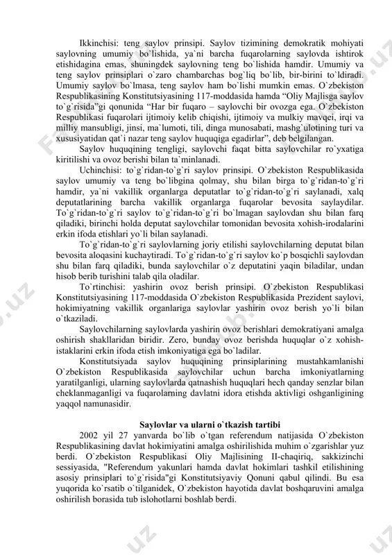 g deputatlikka qo`ygan nomzodlari uchun kurash olib boradilar. umumiy saylov huquqi o`zbekistonning barcha fuqarolariga nisbatan joriy etiladi. fuqaroligi bo`lmagan shaxslar va o`zbekiston hududida yashovchi ajnabiylar saylovda qatnashish va vakillik organlariga saylanish huquqiga ega emas. umumiy saylov huquqi o`zbekiston respublikasining xorijiy davlatlardagi vakolatxonalarida, kasalxonalarda, tug`ruqxonalarda, sanatoriylarda va boshqa shifoxonalarda, kemalarda, yirik temir yo`l stansiyalarida, aeroportlarda va shu singarilarda saylov uchastkalarini tashkil etish yo`li bilan ham ta`minlanadi. tegishli organlar saylov uchastkalarini tuzish va ovoz beriladigan joylarni belgilash vaqtida saylovchilar uchun eng ko`p qulaylik vujudga keltirish zarurligini ko`zda tutadi. saylov dam olish kuni o`tkaziladi. xalq deputatlariga saylov bilan bog`liq xarajatlar davlat hisobidan bo`lib, bu qoida saylov to`g`risidagi qonunlarda mustahkamlab berilgan. saylov o`tkazish uchun eng yaxshi jamoat binosi ajratib beriladi. fuqarolarning o`z saylov huquqini amalga oshirishiga hech narsa xalaqit bera olmaydi. qonunda fuqarolarning saylov huquqlarini buzganlikda aybdor shaxslarni javobgarlikka tortilishi nazarda tutilgan. umumiy saylov huquqining keng kafolatlanganligi fuqarolarning ovoz berishda deyarli yoppasiga ishtirok etishlarini …