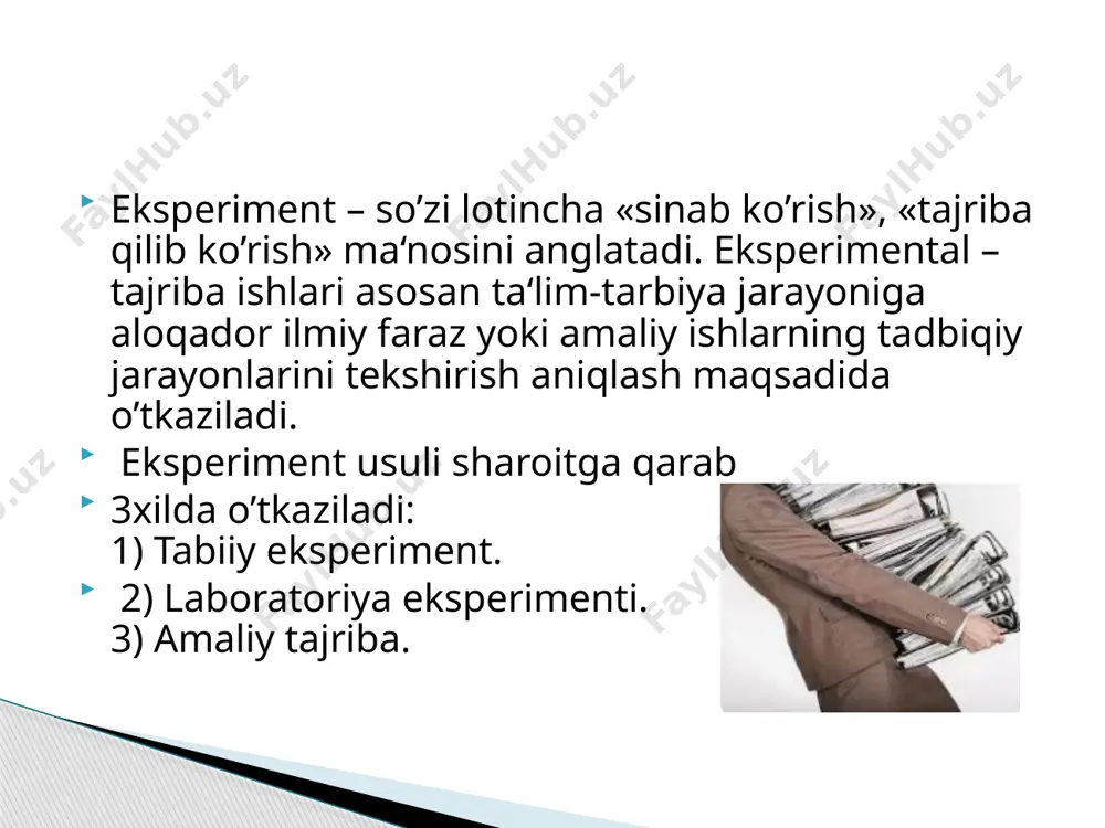 ul metodning mohiyati muammo yuzasidan ekspert tahlilini sifat va miqdor jihatdan baholashni muhokama qilish yoki individual fikr natijalarini rasman qayta ishlashda namoyon bo’ladi. ekspert baholash yordamida asosan sifat belgilarini tavsiflovchi murakkab pedagogik jarayonlar, hodisalar tahlil qilinadi, sohani rivojlantirish bashoratlanadi, ta’lim va tarbiya jarayoniga eng ko’p ta’sir ko’rsatadigan omillar aniqlanadi. kontent-tahlil asosan 3 yo’nalishga ega: metodning mohiyati muammo yuzasidan ekspert tahlilini sifat va miqdor jihatdan baholashni muhokama qilish yoki individual fikr natijalarini rasman qayta ishlashda namoyon bo’ladi. ekspert baholash yordamida asosan sifat belgilarini tavsiflovchi murakkab pedagogik jarayonlar, hodisalar tahlil qilinadi, sohani rivojlantirish bashoratlanadi, ta’lim va tarbiya jarayoniga eng ko’p ta’sir ko’rsatadigan omillar aniqlanadi. image1.jpeg image2.png image3.png /docprops/thumbnail.jpeg