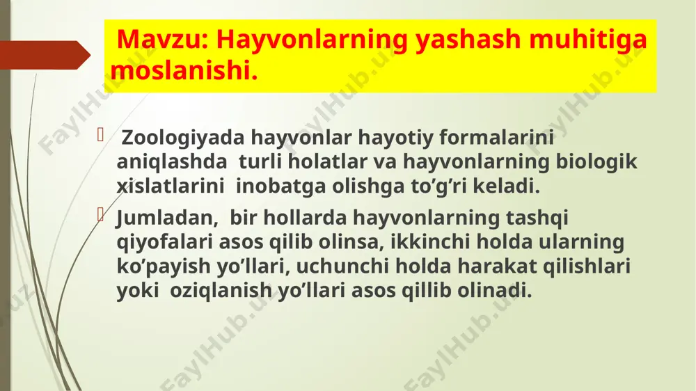 ilan oziqlanuvchilar. yashash joyida ko’payishiga qarab. 1. yer ostida ko’payadigan . 2. yer ustida , o’simliklar, butalar orasida va daraxtlar ustida ko’payuvchi . suv muhitida uchraydigan gidrobiontlar quyidagi formalarga bo’linadi; 1. plankton: a) harakatsiz sharsimon, nurlanuvchi,tayoqchasimon formalar. b) b) harakatchan-soyabonli, patsimon o’simtali va suzgichli formalar. 2. nekton: ilonsimon, torpedasimon, kurak oyoqli formalar. 3. bentos; a)harakatsiz va harakatli epibiontlar; b) yerni kovlovchi introbiontlar; chuvalchangsimonlar, qazuvchi-muguzli ponasimon chanoqli turlar; v) po’k intrabiontlar (interstsial);ixcham cho’zilgan formalar uchib yuradigan qanotli hayvonlar – aerobiontlar hayotiy formalari guruhiga bo’linadi professor n.p. naumov hayvonlarni ovqatlanishlari bo’yicha quyidagi guruhlarga bo’ladi; 1) sust (passiv) ovqatlanuvchi turlar. bu guruhga harakat qilmaydigan yoki kam harakat qiladigan tuban, sodda tuzilgan turlar kirib, ularga ichak qorinlilar, igna tanlilar, ayrim chuvalchanglar, bulutlar misol bo’ladi. ularga past darajadagi modda almashinuvi, kam ozuqa va metabolism xislatlari xosdir. 2) parazitlik yo’li bilan(ekto va endoparazitlik) ovqatlanuvchilar. 3) aktiv ovqatlanish. bu guruhga kiruvchilar yuqori darajadagi ozuqaga talabi katta bo’lib, …