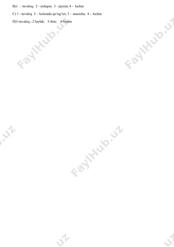 silning to‘rtlamchi tuzilmasi. 2) a – oqsilning ikkilamchi tuzilmasi; b – oqsilning birlamchi tuzilmasi; c – oqsilning uchlamchi tuzilmasi; d – oqsilning to‘rtlamchi tuzilmasi. 3) a – oqsilning birlamchi tuzilmasi; b – oqsilning ikkilamchi tuzilmasi; c – oqsilning to’rtlamchi tuzilmasi; d – oqsilning uchlamchi tuzilmasi. 4) a – oqsilning to’rtlamchi tuzilmasi; b – oqsilning ikkilamchi tuzilmasi; c – oqsilning uchlamchi tuzilmasi; d – oqsilning uchlamchi tuzilmasi. 10 sinf biologiya 25.biologiya tirik organizmlarni ayrim jihatini tekshirishiga ko’ra qanday tarmoqlarga bo’linib ketadi? 1.anatomiya; 2.botanika; 3.zoologiya; 4.bionika; 5.fiziologiya; 6.mikologiya; 7.embriologiya; 8.poleontologiya; 9.gidrobiologiya; 10.biotexnologiya; 11.sistematika; 12.biokimyo; 13.ekologiya; 14.biofizika; 15.etologiya; 16.mikrobiologiya a)1,5,7,11,16 b)1,5,11,15 c)2,3,4,6,8 d)10,13,14,9 26.quyida keltirilgan organizmlarni nechtasida gemosianin oqsili uchraydi? 1. tovusko’z; 2.tovus; 3.ayiqtovon; 4. ayiq; 5. qilquyruq; 6. qizilquyruq; 7.zo’rka; 8. norka; 9.poliksina; 10.podalariy a)4 b)5 c)3 d)0 27. xo‘rozlarda tojining shakllari to’g’ri berilgan qatorni toping a) a - oddiy (aabb);b- no‘xatsimon (aabb yoki aabb); d- yong‘oqsimon (aabb yoki aabb);e - gulsimon …