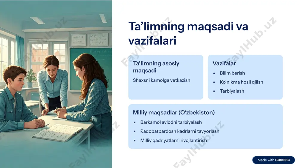 siyalari 1 2 3 4 raqamli ta9lim onlayn kurslar va virtual laboratoriyalar masofaviy ta9lim geografik cheklovlarni bartaraf etish shaxsga yo9naltirilgan ta9lim o9quvchining ehtiyojlariga moslashish stem ta9lim fan, texnologiya, injeneriya va matematika integratsiyasi https://gamma.app/?utm_source=made-with-gamma kelajak ta9limi sun9iy intellekt (ai) adaptiv o9qitish va avtomatlashtirish katta ma9lumotlar (big data) o9quv jarayonini optimallashtirish vr va ar texnologiyalari immersiv ta9lim tajribasi global integratsiya xalqaro hamkorlik va almashinuv dasturlari https://gamma.app/?utm_source=made-with-gamma xulosa doimiy rivojlanish ta9lim mazmuni o9zgarib va rivojlanib boradi tendensiyalar muhim zamonaviy tendensiyalarni hisobga olish zarur asosiy maqsad barkamol avlodni tarbiyalash https://gamma.app/?utm_source=made-with-gamma