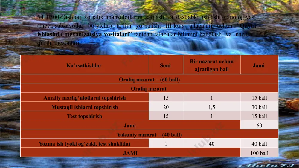 tsiya qilish uchun qanday qurilmalar ishlatiladi? 7. ehtiyot klapanlari nima maqsadda o‘rnatiladi? to‘g‘ri izchillikni o‘rnating t/r savol javob 1 strelizatsiya qurilmalarining turlarini ko‘rsating? а bug’ va suv 2 shisha idishlardagi mahsulotlar nimada sterilizatsiya qilinadi. b davriy va uzluksiz 3 tunuka idishlarni nima yordamida sterilizatsiyalash mumkin. с plastinkali pasterizatorlar 4 meva va sabzavotlardan tayyorlangan sharbatlarni qadoqlashgacha pasterizatsiyalash uchun ………. …………… keng qo‘llaniladi. d suvda 5 qaysi sterilizatori barcha turdagi konservalarni sterilizatsiya va pasterizatsiya qilish uchun qo‘llaniladi. е qizdirish, sterilizatsiya va sovitish. 6 ons-1 “xunister” sterilizatori qurilma korpusi nechta alohida seksiyadan iborat f ons-1 “xunister 7 qizdirish va sovitish seksiyalari nechta kameradan iborat g 6 ta j 1- 2- 3- 4- 5- 6- 7- topshiriq pasterilazatorning qismlarini erkin holda o‘rganish va maketini yasash. e’tiboringiz uchun rahmat! image1.jpg image2.gif image3.png image4.jpeg image5.png /docprops/thumbnail.jpeg