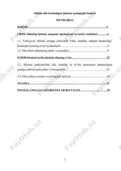 oilada olib boriladigan ijtimoiy-pedagogik faoliyat — DOCX