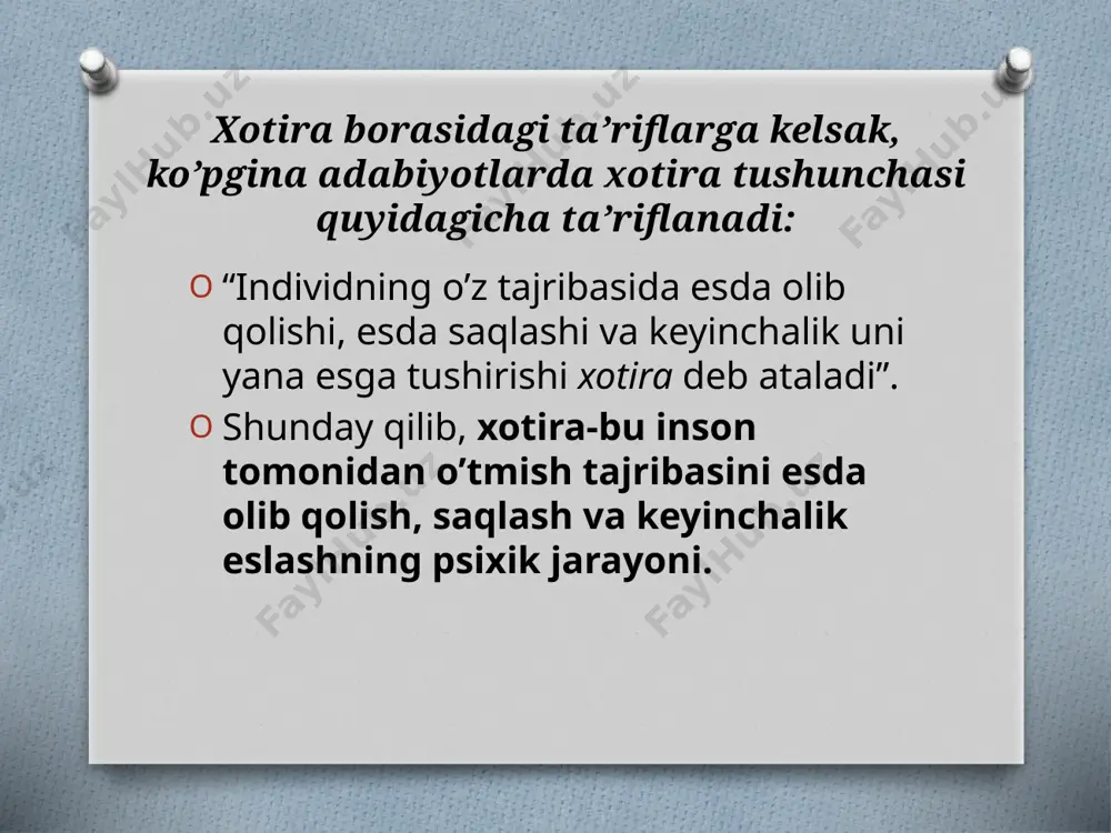 l- deb tajribimizda bo’lmagan va voqealikning o’zida ham uchratmagan narsa va hodisalar haqida tasavvur hamda obrazlar yaratishdan iborat xayol turiga aytiladi. masalan: yozuvchi asari uchun tipik obraz yaratganda uning xayoli ijodiy bo’ladi. tadqiqotchining biror tadqiqot ustida ishlanganida ham uning xayoli ijodiy bo’ladi xayol qilish jarayoni hamma bilish jarayonlaridagi kabi ixtiyorsiz va ixtiyoriy xayol turlariga bo’linadi. ixtiyorsiz xayol deb – odam o’zining oldiga hech qanday maqsad qo’ymasdan, irodani ishga solmasdan, qandaydir o’z-o’ziga obraz va tasavvurlarni yaratishga aytiladi. ixtiyoriy xayol deb oldindan belgilangan maqsad asosida iroda kuchini ishga solib muayyan obraz va tasavvurlarni yaratishga aytiladi. e’tiboringiz uchun rahmat image3.jpeg image4.png /docprops/thumbnail.jpeg