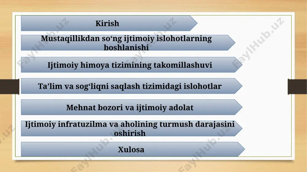 yon natijasida pensiya, nafaqa va yordamlarga bo‘lgan talab oshdi. shu bilan birga, aholining iqtisodiy ahvolini yaxshilash uchun bir qator dasturlar joriy etildi. ikkinchidan, ijtimoiy himoya tizimi davlat tomonidan tartibga solingan va aholining ehtiyojlarini qondirishga qaratilgan. o‘zbekiston hukumati o‘zining ijtimoiy siyosatini faqat iqtisodiy barqarorlikka emas, balki ijtimoiy adolatga ham qaratdi. 1990-yillarda amalga oshirilgan islohotlar mamlakatda iqtisodiy inqirozga qarshi kurashish va ijtimoiy himoyaning muhim qismlarini saqlab qolish bo‘yicha yangi yo‘nalishlarni belgilab berdi. mustaqillikning dastlabki yillarida davlat ta’lim tizimini qayta tashkil etish va modernizatsiya qilishga e’tibor qaratdi. o‘zbekiston ta’lim tizimini rivojlantirishga doir dasturlarni amalga oshirib, ta’limning sifatini yaxshilashga harakat qildi. sog‘liqni saqlash tizimi ham modernizatsiyadan o‘tdi, yangi tibbiyot muassasalari qurildi va mavjudlari yangilandi. bularning barchasi ijtimoiy islohotlarning boshlanishi sifatida, jamiyatning ehtiyojlarini qondirishga qaratilgan dastlabki qadamlar edi. ijtimoiy himoya tizimining takomillashuvi ijtimoiy himoya tizimining takomillashuvi o‘zbekiston mustaqillikka erishgach, ijtimoiy himoya tizimi aholining ehtiyojlariga mos ravishda rivojlanib, takomillashdi. so‘nggi yillarda amalga oshirilgan islohotlar orqali tizimning …