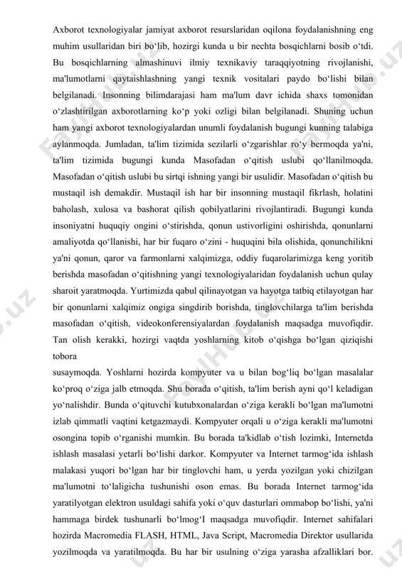 kidlab o‘tish joyzki, mahsulotni flash ni yoki boshqa dastur orqalimi, yaratayotgan shaxs, bu borada yetarli bilimga va fantaziyaga ega bo‘lishi joizdir i bob. sodda animatsiya dasturlarini yaratish 1.1. adobe flash dasturi va uning animatsiya yaratishdagi qulayliklari. macromedia flash dasturi adobe dasturlaridan bo’lib, ob’ektlarni hosil qilish, chizish, harakatlantirish animatsiyalari tovushli fayllarni o’rnatuvchi, roliklar ustida amallar bajarish imkoniyatlari mavjud bo’lgan dasturdir. macromedia flash dasturi yordamida ham animatsiya va ham taqdimot fayllarni yaratishimiz mumkin. ammo power point ga qaraganda macromedia flash dasturda yaratilgan animatsiya fayllari to’liq siz tomoningizdan yaratiladi va animatsiyalashtiriladi. shu bilan birgalikda bu dasturda aktiv elementlar bilan ishlash va dasturlash imkoniyatlari mavjud. asosan macromedia flash dasturida kichik animatsiya fayllari (kliplar), internet saxifalar, elektron qo’llanmalar va boshqalar yaratiladi .flash dasturda yaratilgan fayllar o’zining orginalligi, ishlash soddaligi,yaratilish murakkabligi, tezkorligi, multimediya jixozlanganligi va hajm bo’yicha kichikligi bilan ko’zga tashlanadi. dasturni ishga tushirish uchun windows ning pusk tugmasining programmi bo’limining macromedia guruhi ichidagi macromedia flash …