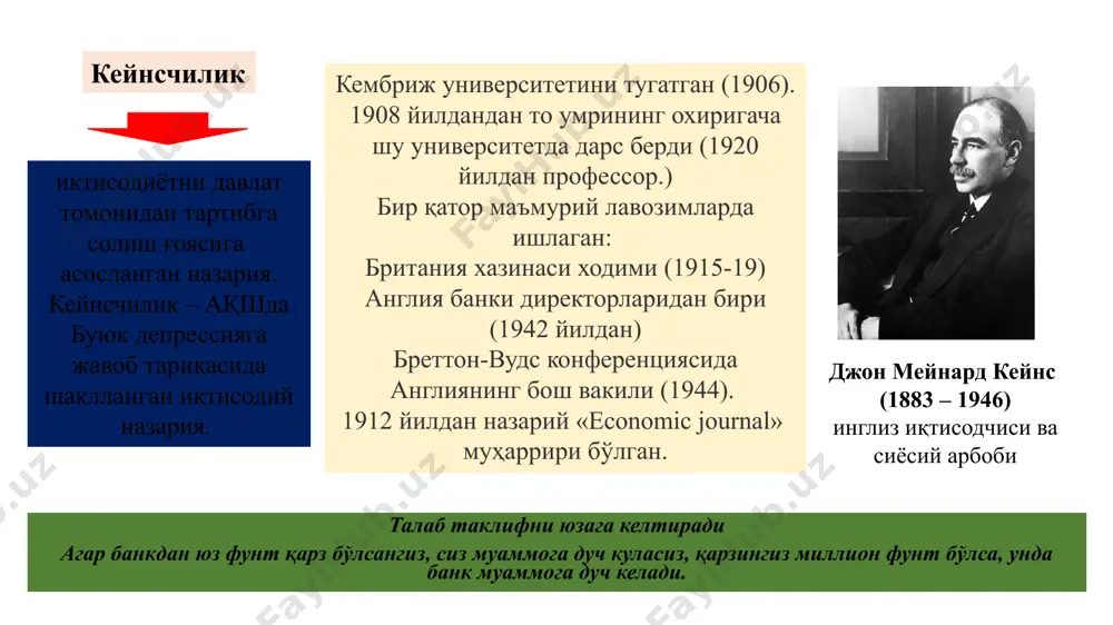 лаб чиқариш қувватлари) муаммосини ўрганишни тақозо этар эди. юзага келган қарама-қаршиликлардан чиқиш масалага кенгроқ ёндашиш, «умумий назария»ни ишлаб чиқишни тақозо этар эди. демак, иқтисодиётнинг амал қилиши билан боғлиқ хусусий муаммолар таҳлилидан – микроиқтисодиёт соҳасидан макроиқтисодиёт соҳасига ўтиш вақти етиб келган эди. 1 кейнс иқтисодий жараёнларни таҳлил қилиш методологияси, ёндашувларида кескин бурилиш ясади 1929-1933 йиллардаги жаҳон иқтисодий инқирози саноат жиҳатидан ривожланган ва паст ривожланган мамлакатларга катта зарба берди. аввалги (классик, неоклассик) таълимотлар тадқиқотида микроиқтисодий таҳлил (алоҳида корхона) асосий ўринни эгаллаган бўлса, инқироз катта ишсизлик шароитида бошқача, макроиқтисодий таҳлил (давлат, жаҳон) га зарурат туғулган эди. фаннинг бу соҳасида ҳозирги даврнинг таниқли иқтисодчиси ж.м.кейнс муҳим кашфиётни яратди. асосий муаммолар иқтисодиётни қандай тартибга солиш зарур? ишсизликни қандай бартараф этиш мумкин? 2 кейнснинг назарий қарашлари амалиёт билан бевосита боғлиқлиги билан ажралиб туради умумий истеъмол талабининг пасайиши товарлар ва хизматлар ишлаб чиқаришнинг қисқариши майда ишлаб чиқарувчиларнинг хонавайрон бўлиши, йирик корхоналарда ёлланма ишчиларни ишдан бўшатиш, оммавий ишсизлик …