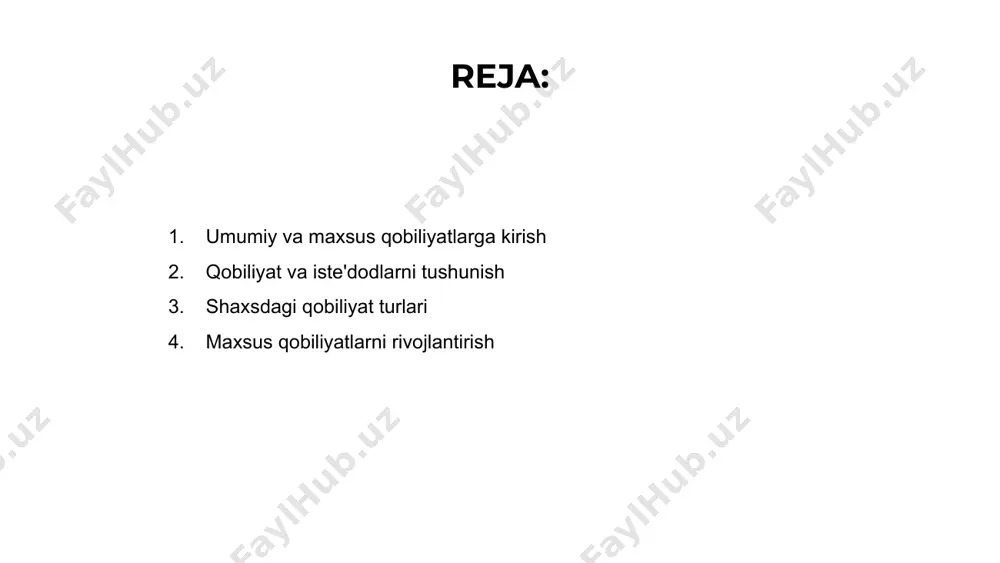 i umumiy va maxsus qobiliyatlarni tushunish va ulardan foydalanish ularning imkoniyatlarini maksimal darajada oshirish va hayotning turli jabhalarida muvaffaqiyatlarini ta'minlash uchun zarurdir. maxsus qobiliyatlarni rivojlantirish venus is the second planet from the sun mercury is the closest planet to the sun jupiter is the biggest planet of them all 1 2 3 umumiy qobiliyatlarni oshirish umumiy qobiliyatlar - bu umumiy muvaffaqiyat uchun muhim bo'lgan asosiy ko'nikmalar. bu qobiliyatlarga tanqidiy fikrlash, muammolarni hal qilish, muloqot qilish va qaror qabul qilish kiradi. umumiy qobiliyatlarni oshirish orqali odamlar o'z hayotlarining turli jabhalarida samaraliroq va samaraliroq bo'lishlari mumkin. bu shaxsiy va professional harakatlarda samaradorlikning oshishiga va yaxshi natijalarga olib kelishi mumkin. boshqa tomondan, maxsus qobiliyatlar - bu odamlarni ajratib turadigan noyob iste'dod yoki ko'nikmalar. ushbu maxsus qobiliyatlarni oshirishga e'tibor qaratgan holda, odamlar muayyan sohalarda ustun bo'lishi va olomondan ajralib turishi mumkin. maxsus qobiliyatlarning ahamiyati “umumiy va maxsus qobiliyatlar” slaydida maxsus qobiliyatlar insonning umumiy ish …