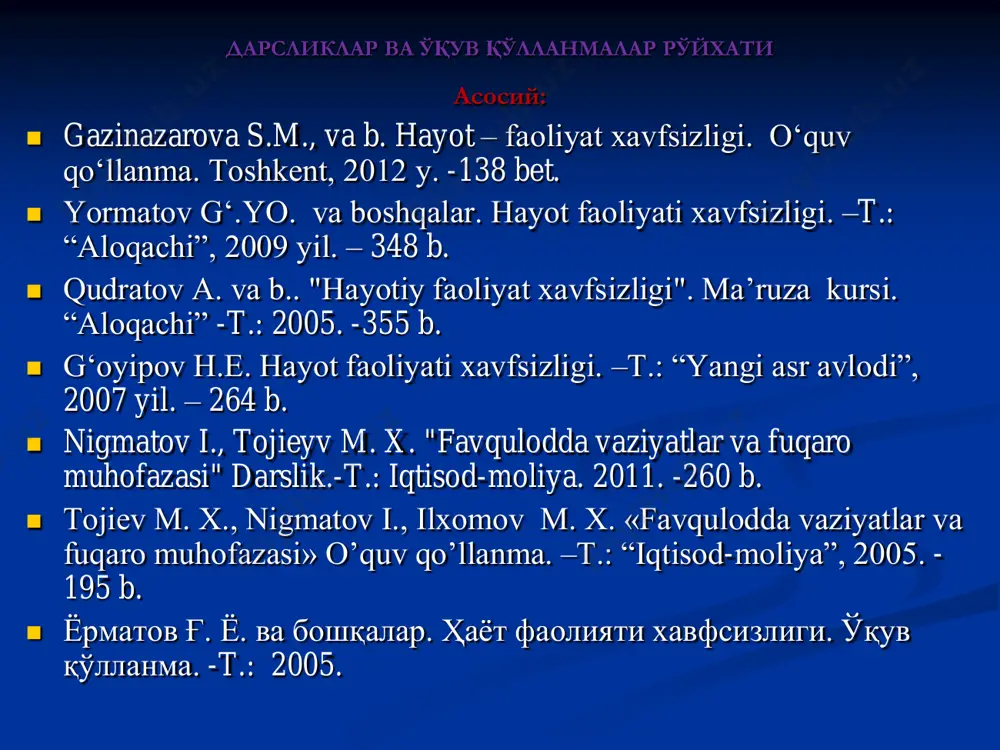 h, ishlovchilarning mexnatdan va uning natijalaridan yuqori manfaatdor bo'lishlarini ta'minlash bo'yicha tadbirlar ishlab chiqish va joriy qilish.  estetik yo'nalish  intererlarni bezatishda, uskunalarni joylashtirshtsda,ranglar bilan bezatishda va boshqalarda ishlab chiqarish estetikasi talablariga rioya qilish;  texnikaviy estetika talablarini bajarish, mashinalar, asboblar, jihozlar, pultlar singari boshqaruv vosigalarini badiiy ixgiro qilish.  xojatxona 1/18  suv krani 1/8  dush 1/ 30  gigienik kabina (qizlar uchun) 1/50  yoritilganlik 70-100 lk  havo almashishi 1- 1,5 marta / soat suv ta'minoti :  qishloq joylarda 40-60 l/kishi  uylar (dom ) 140-200 l/kishi  markazlashgan suv ta'minoti 300-400 l/kishi mehnat sharoitlarini yuksaltirishga ta'sir etuvchi omillar mehnat sharoitlari ni yuksaltirish ga ta'sir etuvchi omillar tashkiliy omillar texnik omillar sanitar- gigienik omillar ergonomik omillar sotsial – maishiy omillar psixofiz iologik omillar tabiiy iqlimiy omillar iqtisodiy omillar ishlab chiqarish sanitariyasi va gigienasiga tegishli asosiy tushunchalar  mehnat sharoiti— mehnat jarayonida inson salomatligi va …