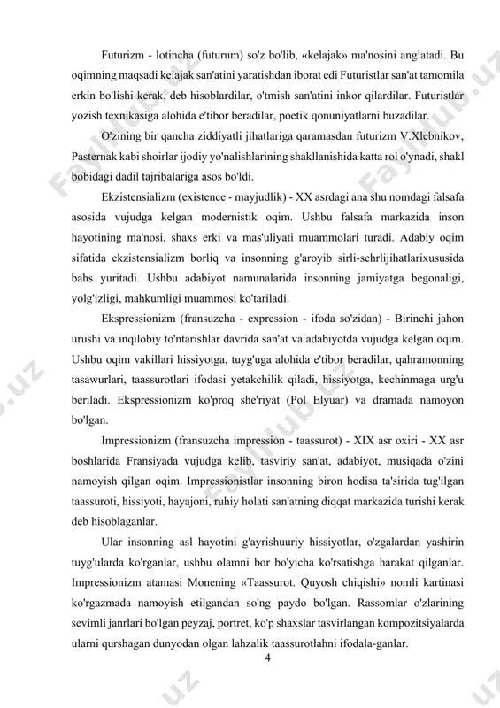 hiy holati san'atning diqqat markazida turishi kerak deb hisoblaganlar. ular insonning asl hayotini g'ayrishuuriy hissiyotlar, o'zgalardan yashirin tuyg'ularda ko'rganlar, ushbu olamni bor bo'yicha ko'rsatishga harakat qilganlar. impressionizm atamasi monening «taassurot. quyosh chiqishi» nomli kartinasi ko'rgazmada namoyish etilgandan so'ng paydo bo'lgan. rassomlar o'zlarining sevimli janrlari bo'lgan peyzaj, portret, ko'p shaxslar tasvirlangan kompozitsiyalarda ularni qurshagan dunyodan olgan lahzalik taassurotlahni ifodala-ganlar. adabiyotda impressionizm yo'nalfchlari naturalizmdan simvolizmga o'tish jarayonida shakllandi. j. va e. gonkurlar, j.gyuismans, gi de mopassan ushbu yo'nalishga moyillik bildiradilar, asarlarida oniy lahzada insonning tang-barang tuyg'ulanni so'z yordamida iloji boricha to'liqroq tasvirlashga intilganlar. impressionizm alohida maktab tusini olmagan bo'lsa-da, bu yo'nalish vakillarining ko'plab kashfiyotlari zamonaviy san'at va adabiyotda iz qoldirdi. syurrealizm (fransuzcha surrealizme) - fransiyada xx asrning 20-yillarida vujudga kelgan oqim. syurrealizm intuitivizm falsafasi, sharq diniy falsafasi, freydizm ta'limotiga tayanadl syurrealizm estetikasi a.bretonning «syurrealizm manifesto asarida o'zining ifodasini topgan. ular insonning «men» iga erkinlik berishga, uni moddiyunchilik, insonning ijodiy imkoniyatlarini cheklovchi an'anaviy …