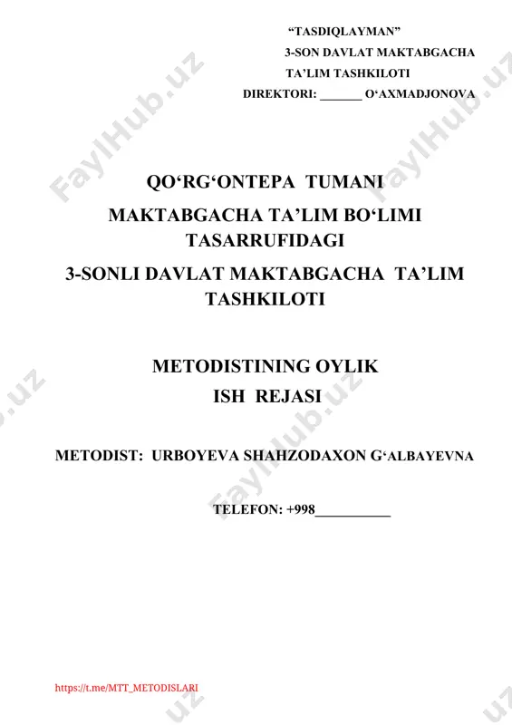 ik 1 katta va maktabga tayyorlov guruhlari o‘rtasida “estafeta o‘yinlari” sport musobaqa 13,01, 2021 1. 14 –yanvar vatan himoyachilari kuniga bag‘ishlangan bayram ertaligi 18,01, 2021 2. “qishgi o‘yinlar” mavzusida ko‘ngilochar tadbirlar 14,01, 2021 24.01 2020 3. kichik va o‘rta guruhlar o‘rtasida “kichkintoy shirintoy “sport musobaqsini o‘tkazish 19,01, 2021 metodistning fevral oyi uchun oylik rejasi t/r rejalashtirilgan vazifalar i-hafta (sana) ii-hafta (sana) iii-hafta (sana) iv-hafta ( sana) v-hafta (sana) izoh pedagog kadrlar bilan ishlash 1 ishchi guruh bilan ishlash 01,02 2021 2 ustoz .-shogird ishlar tahlili 05,02, 2021 3 yosh mutaxassislar bilan ishlash tavsiyalar berish. 11,02, 2021 4 pedagog xodimlarning ish hujjatlarining yurtitilishi haftalik mavzuviy rejalashtirish 08,02, 2021 5 pedagogik kengash 17,02, 2021 tashkiliy pedagogik ishlar 1 guruhlarda mashg‘ulotga tayyorgarlik jarayonlarini o‘rganib chiqish 02,02, 2021 18,02, 2021 2 katta guruhda frontal mashg‘ulotlarni kuzatish 12,02, 2021 3 kichik guruhlarda faoliyat markazlaridagi mashg‘ulotni kuzatish 03,02, 2021 4 barcha guruhlarda frantal nazorat natijalari 15,01, …