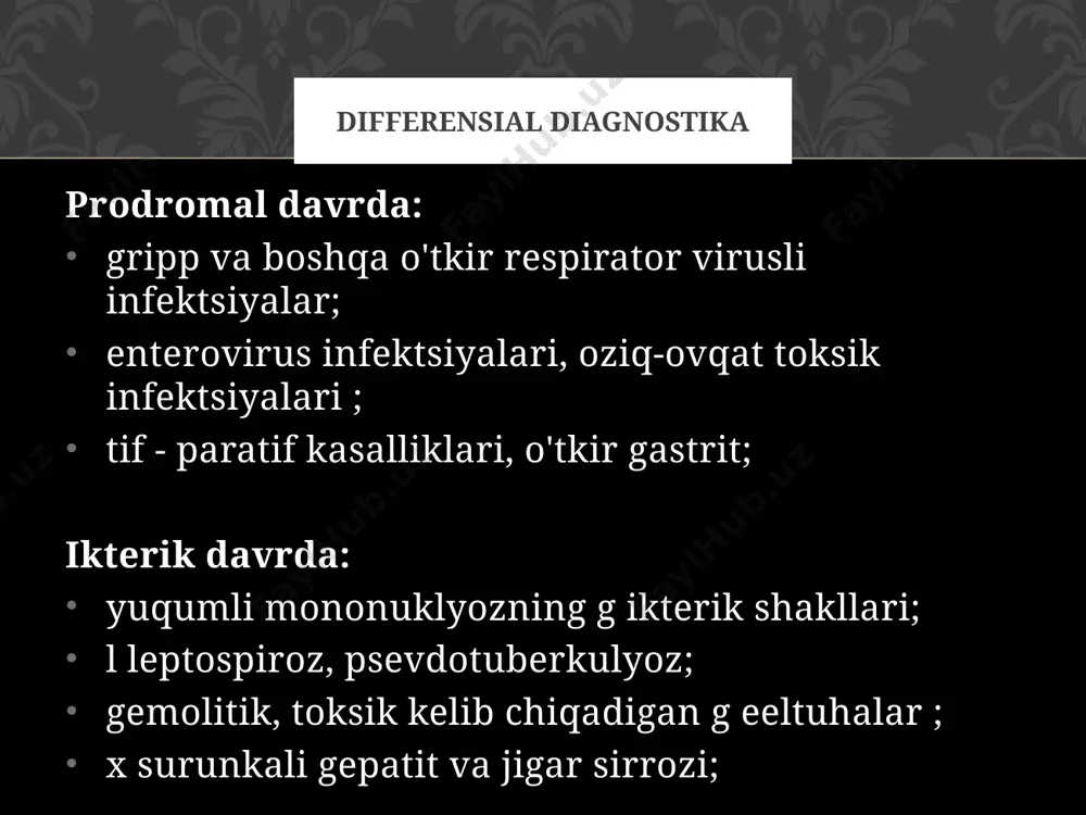 da aniqlanishi mumkin. gepatit b virusini aniqlashning asosiy qiymati hbsag , bu kasallik belgilari paydo bo'lishidan oldin ham qonda paydo bo'ladi va doimiy ravishda ikterik davrda aniqlanadi. virusli gepatit c tashxisini qo'yish uchun quyidagi asosiy laboratoriya va instrumental tekshirish usullarini o'tkazish kerak: alanin aminotransferaza ( alat ), alanin aminotranspeptidaza ( ast ), bilirubin uchun biokimyoviy qon testi ; gepatit c virusiga (anti-hcv) antikorlar uchun qon tekshiruvi; virusning rnksini aniqlash uchun pcr (polimeraza zanjiri reaktsiyasi - gepatit c) ; ultratovush tekshiruvi (ultratovush); jigar biopsiyasi; gepatit c jigar biopsiyasi bu jigarning shikastlanishi yoki yo'qligini aniqlashning standart usuli. biopsiya jarayoni noqulay va ba'zida og'riqli bo'lishi mumkin. biopsiya o'tkazilayotganda, ichi bo'sh igna gipoxondriyum hududidagi teri orqali jigar yuzasiga kiritiladi. keyin jigardan kichik bo'lak (bir necha millimetr) olinadi va igna uchida chiqariladi. keyinchalik bu parcha jigar shikastlanish darajasini aniqlash uchun tekshiriladi, agar bunday zarar mavjud bo'lsa. biopsiya natijalari odatda 2 hafta yoki undan ko'proq vaqt …