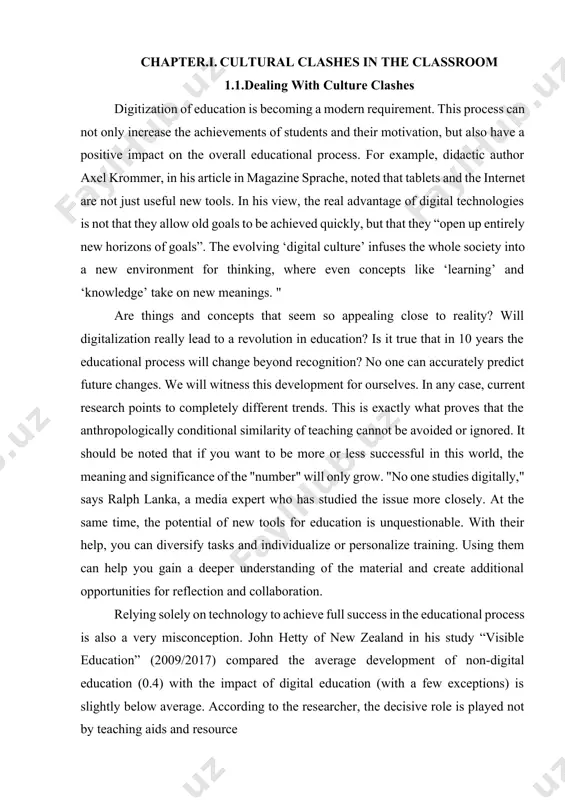 nception. john hetty of new zealand in his study “visible education” (2009/2017) compared the average development of non-digital education (0.4) with the impact of digital education (with a few exceptions) is slightly below average. according to the researcher, the decisive role is played not by teaching aids and resource comment by oydin amanbayeva: texnik xatolar qilingan. s, but by the level of involvement of students in the learning process and their enthusiasm for the resources provided by the teacher in order to fully understand them. it is almost unimportant for each student to have their own laptop (0.16), but the use of interactive instructional videos during the lesson turns out to be really useful (0.54). comment by oydin amanbayeva: qavs ichidagi raqamlarga izoh berilmagan. john hetty focuses on an important aspect that is often overlooked. he emphasizes: "the relationship between teacher and student is one of the strongest factors influencing …