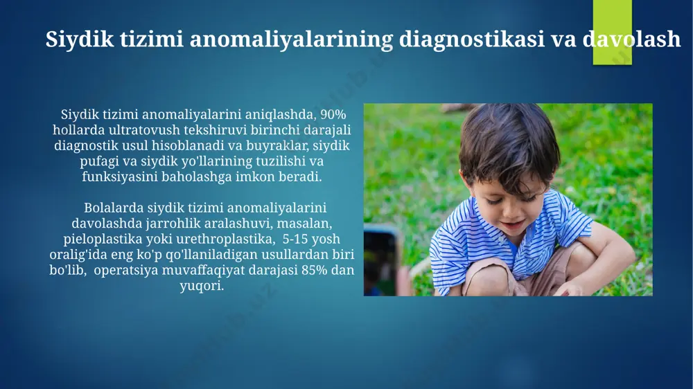 iddiy asoratlarga olib kelishi mumkin. gidronefroz, siydik yo'llarining to'siq tufayli buyraklarning kengayishi, chaqaloqlarda 1% gacha uchraydi va agar davolanmasa, buyrak yetishmovchiligiga olib kelishi mumkin. erkak bolalarda bu holat qizlarga nisbatan ko'proq uchraydi. siydik pufagi ekstrofiyasi siydik pufagi ekstrofiyasi bilan tugʻilgan chaqaloqlarning taxminan 1/50 000 dan 1/40 000 gacha boʻlgan qismida uchraydi, bu juda kam uchraydigan tugʻma nuqson hisoblanadi va erkak bolalarda ko'proq uchraydi. siydik pufagi ekstrofiyasi bilan tug'ilgan bolalarning 50% dan ko'progida qo'shimcha tug'ma nuqsonlar, jumladan, bel umurtqalarining anomaliyalari va jinsiy a'zolarning rivojlanishidagi nuqsonlar kuzatiladi, kompleks davolashni talab qiladi. buyrak displaziyasi buyrak displaziyasining og'irlik darajasi har xil bo'lib, engil shakllar asemptomatik bo'lishi mumkin, ammo og'ir hollarda gidronefroz, siydik yo'llari infektsiyalari kabi asoratlar kuzatiladi va jarrohlik aralashuvni talab qilishi mumkin. buyrak displaziyasi diagnostikasi ultratovush tekshiruvi, magnit-rezonans tomografiya (mrt) va ekskretsion urografiya kabi tasviriy usullar yordamida amalga oshiriladi va davolash usuli kasallikning og'irligiga va asoratlarning mavjudligiga bog'liq. pielonefrit pielonefrit diagnostikasi siydik tahlili, …