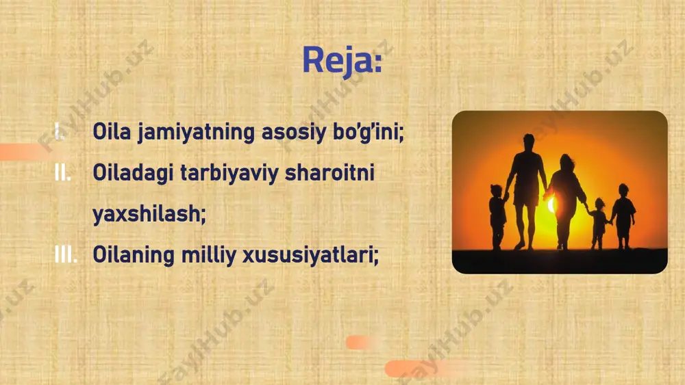 mumkin emas. ikkinchi tomondan, har bir oilada bola tarbiyasi yuzasidan aniq bir maqsad bo‘lishi kerak. eng muhimi, yosh avlod tarbiyasiga ota-ona yeki aka-uka, opa-singil sifatidagina emas, balki jamiyatning haqiqiy fuqorasi sifatida ham e’tibor berish, yoshlarni mazmunli kelajagimizga ishonch va sadoqat ruhida tarbiyalash zarur. ota-onalarning bola hayotidadi o’rni “tarbiya biz uchun yo hayot-yo mamot, yo najot-yo halokat, yo sadoqat-yo falokat masalasidir” -abdulla avloniy inson uchun oila yagonadir. oilaning katta-kichigi, ham, boy-kambag‘ali bo‘lmaydi, oila tanlanmaydi. oila bizning molimiz emas. shuning uchun ham u pulgasotilmaydi. oila in’om etilmaydi, qarzga berilmaydi. oila har bir fuqaro uchun muqaddas va betakrordir. oilaga mehr muhabbat bilan munosabat bildirish, uni sevibardoqlash, uning qadriga etish, uning kamoloti, osoyishtaligi uchun qayg‘urish yoshligimizdan boshlab ongimizga singdiriladi. chunki har qanday inson o‘z oilasitarixi, ya’ni, ota-bobolari o‘tgan muqaddas zamin bilan faxrlanib yashaydi. oila muqaddas ne’mat oila a`zolarining bir-birini qadrlashi; oila a`zolarining bir-birlariga ishonishi va himoyalashi; yaqinlik, ozaro yordam va oy-fikrlarini o`rtoqlashish; masuliyatni his …