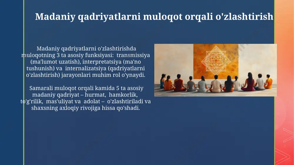 ri – hurmat, mehr-oqibat va adolatlilik kabi tushunchalarni o'zlashtirishi va ularni amalda qo'llash ko'nikmalarini rivojlantirishi kuzatiladi. ma'naviy madaniyatning shakllanishida muloqotning 70% dan ortig'i og'zaki bo'lib, noverbal aloqa vositalarining (mimika, imo-ishoralar) ahamiyati 30% ni tashkil etadi. ommaviy axborot vositalari va ma'naviy madaniyat shakllanishi ommaviy axborot vositalarining 70% dan ortig'i yoshlarga ta'sir ko'rsatadi va ularning ma'naviy-axloqiy qarashlarini shakllantirishda muhim rol o'ynaydi, shu jumladan 30% i salbiy ta'sir ko'rsatishi mumkin. oavning ma'naviy madaniyatga ta'siri samaradorligini oshirish uchun 5 ta asosiy omil: mazmun, format, auditoriya, taqdimot va aks ettirish muhim ahamiyat kasb etadi. ta'lim muassasalarida ma'naviy madaniyatni shakllantirish ma'naviy-ma'rifiy tadbirlar sonini yiliga 20% ga oshirish orqali talabalarning milliy va umuminsoniy qadriyatlarga bo'lgan munosabatini mustahkamlash mumkin, bu esa ularning ijtimoiy faolligini kuchaytiradi. ta'lim muassasalarida 5 yoshdan 18 yoshgacha bo'lgan yoshlarning ma'naviy-axloqiy tarbiyasi bo'yicha 3 bosqichli dastur samarali natijalar beradi, bu esa ijtimoiy moslashuv ko'rsatkichlarini 15% ga oshiradi. e'tiboringiz uchun rahmat @taqdimot_robot image4.jpg image5.jpg image6.jpg image7.jpg …