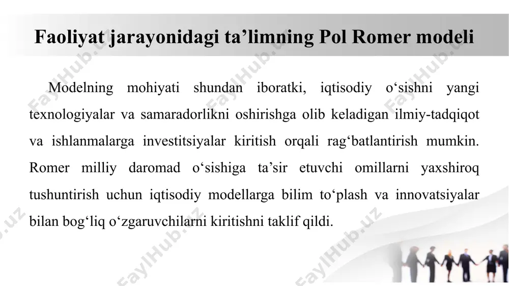 . ushbu holatni yakuniy mahsulotda ham ko‘rib chiqish mumkin. bu holdailmiy texnik taraqqiyot gorizontal ta’siri mahsulot turini (assortmenti) ko‘payishiga, vertikal ta’siri mahsulot sifatini o‘zgarishi olib keladi. ushbu jarayonni o‘rganishda grossman va helpman modelidan foydalanish mumkin. grossman va helpman ushbu jarayonni “jahon iqtisodiyotida innovatsiya va o‘sish” (1991) nomli kitobida keng yoritilgan. mahsulot sifatining o‘zgarish model bu mintaqada ham ta’lim tizimidagi yetarlicha islohotlar va mehnat bozoridagi moslashuvchanlik yetishmovchiligi sababli, ayrim sohalarda ishchi kuchi va malaka o‘rtasida katta nomuvofiqlik kuzatiladi. natijada, iqtisodiy o‘sish potentsiali to‘liq amalga oshirilmay qolishi mumkin. biroq, hindiston kabi mamlakatlarda it va xizmat ko‘rsatish sohalarida nisbatan muvaffaqiyatli yechimlar ham mavjud ekanligini ta’kidlash zarur. mahsulot sifatining o‘zgarish model modelning asosiy jihati shundaki, unga iste’molchi nafliligi funksiyasi kiritilgan. ushbu jihat modeldan xulosa chiqarishga yordam beradi. iste’molchi nafliligi nafaqat hajmidan, balki uning tarkibidagi mahsulot turi, sifatini o‘zgarishini o‘z ichiga oladi. shuning uchun modelga iste’mol tovarlari hajmini o‘rniga, mahsulot turini inobatga oluvchi iste’mol indeksi …